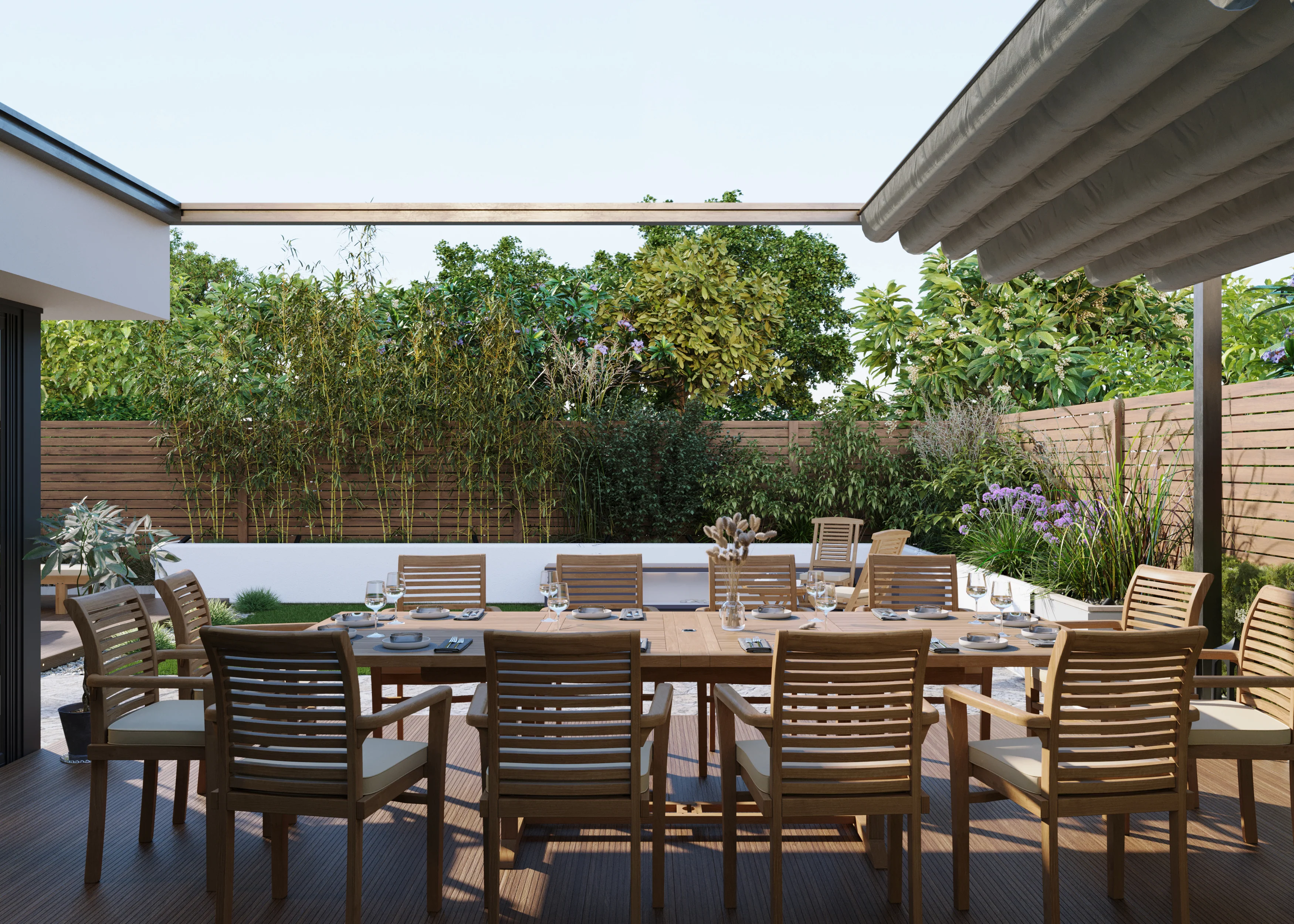 Giant Teak Set 2-3m Rectangle Extending Table 12 Oxford Stacking Chairs - Image 5