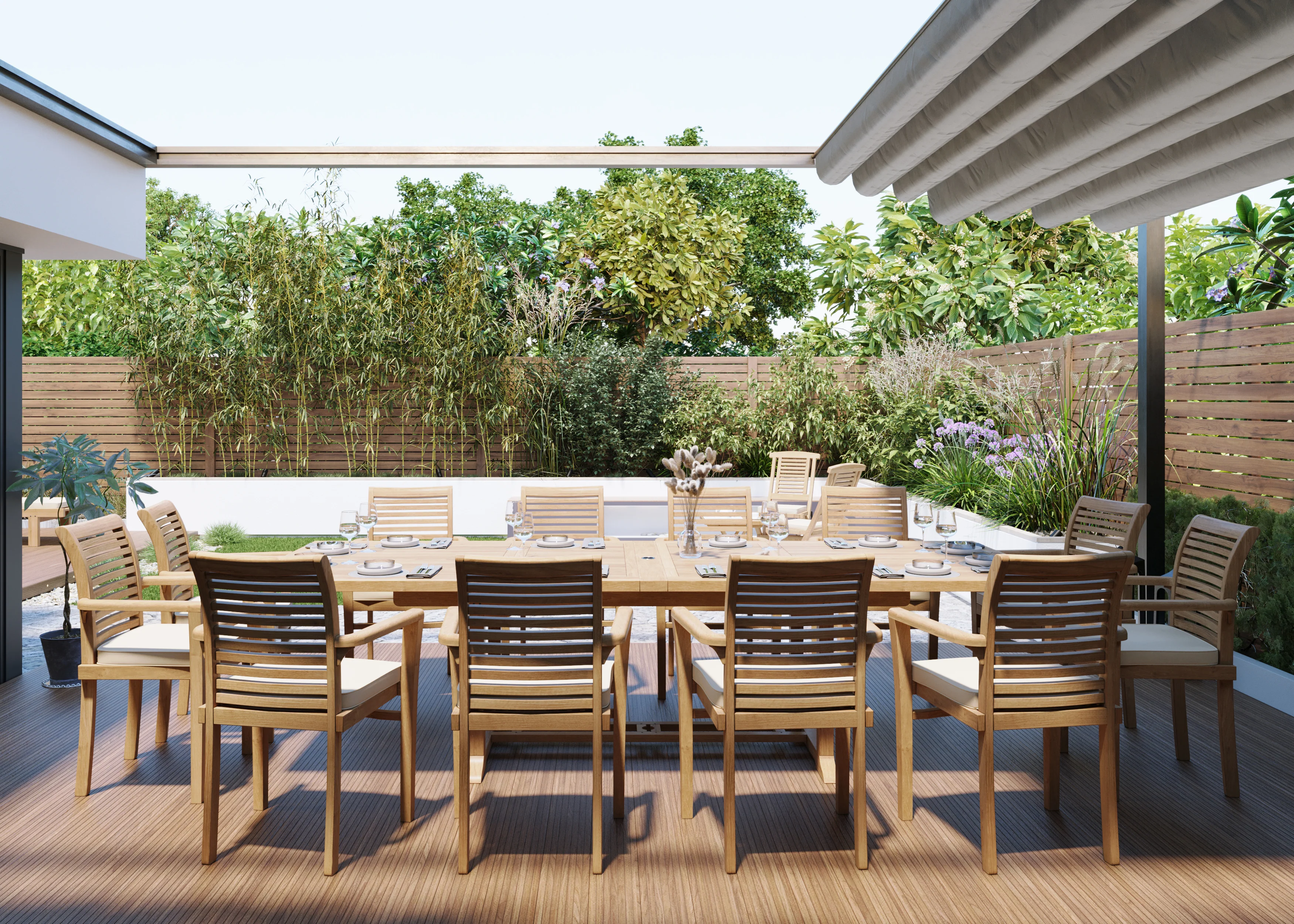 Giant Teak Set 2-3m Rectangle Extending Table 12 Oxford Stacking Chairs - Image 6