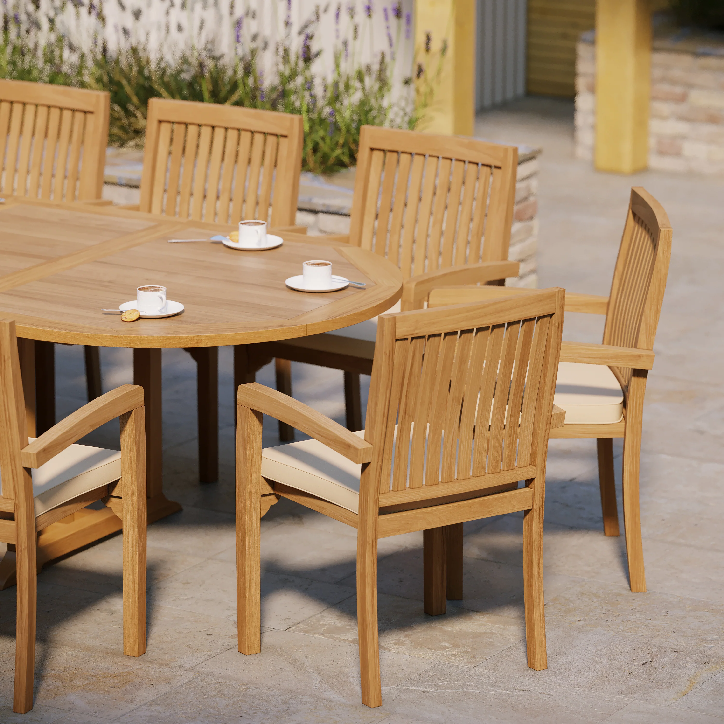 Giant Teak Oval Set 200cm-300cm Extending Table with 12 Henley Stacking Chairs - Image 3