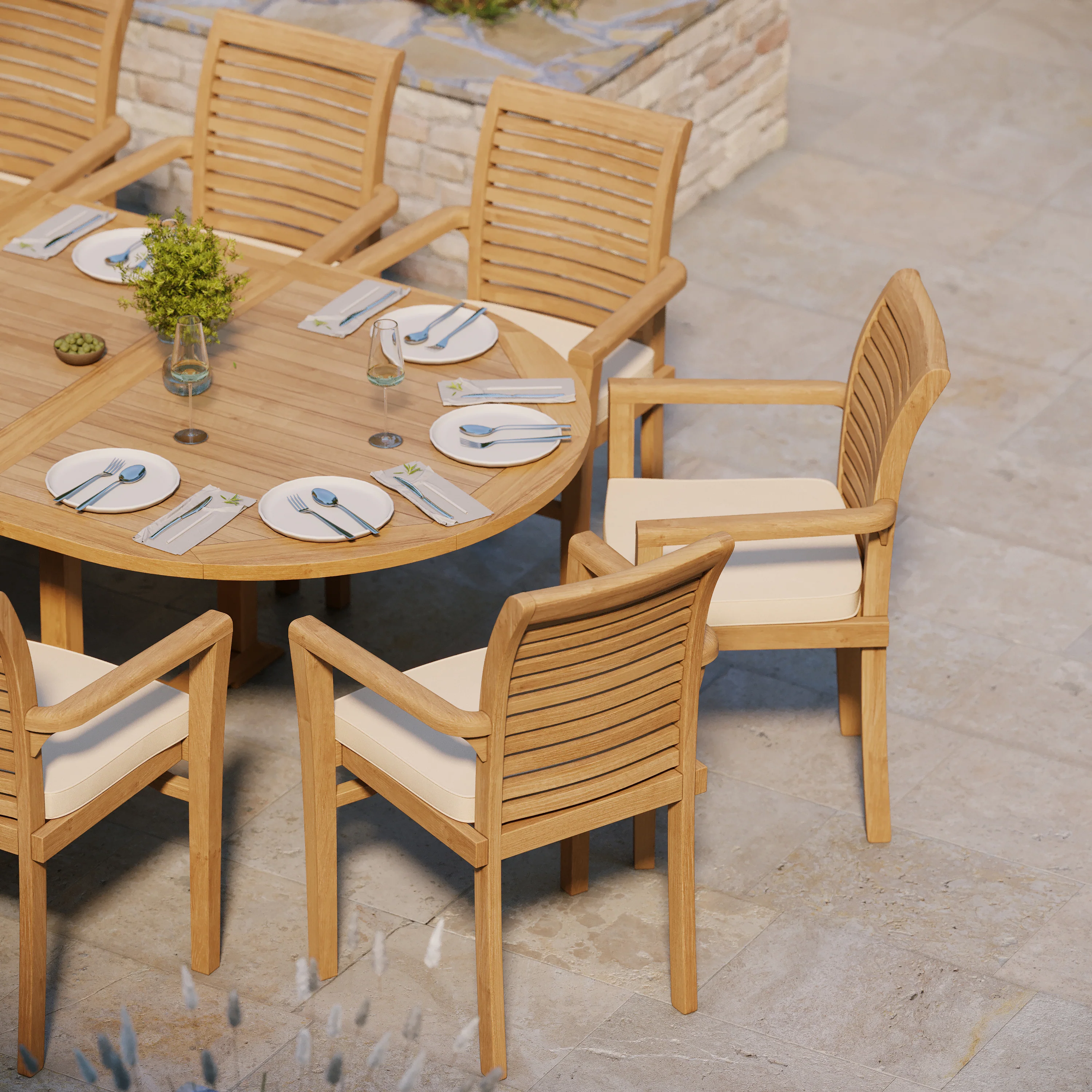 Giant Teak Oval Set 2-3m Extending Table with 12 Oxford Stacking Chairs - Image 3