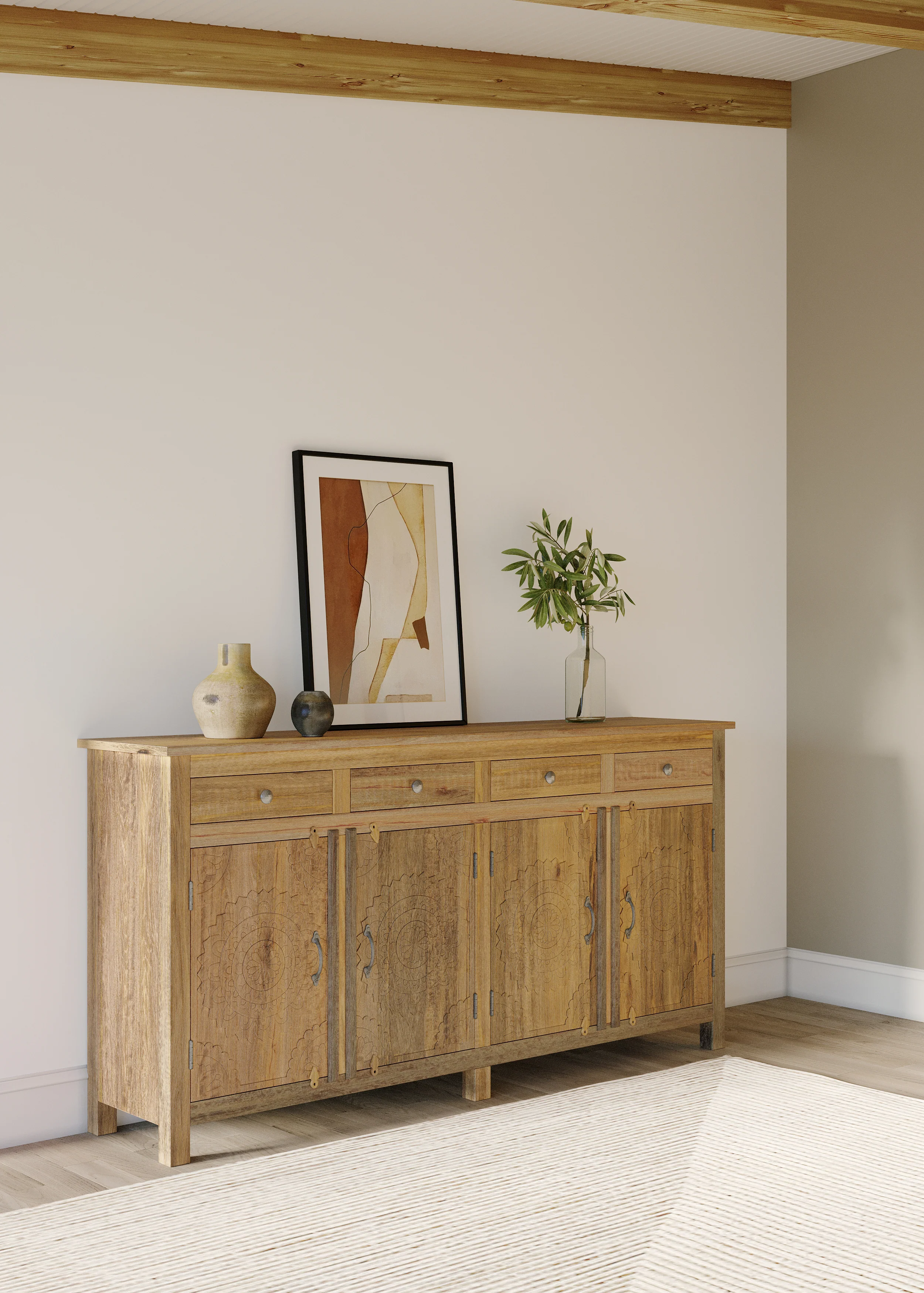 Handcrafted Natural Sideboard, Floral Carving, Medium Brown 150cm + 180cm - Image 4