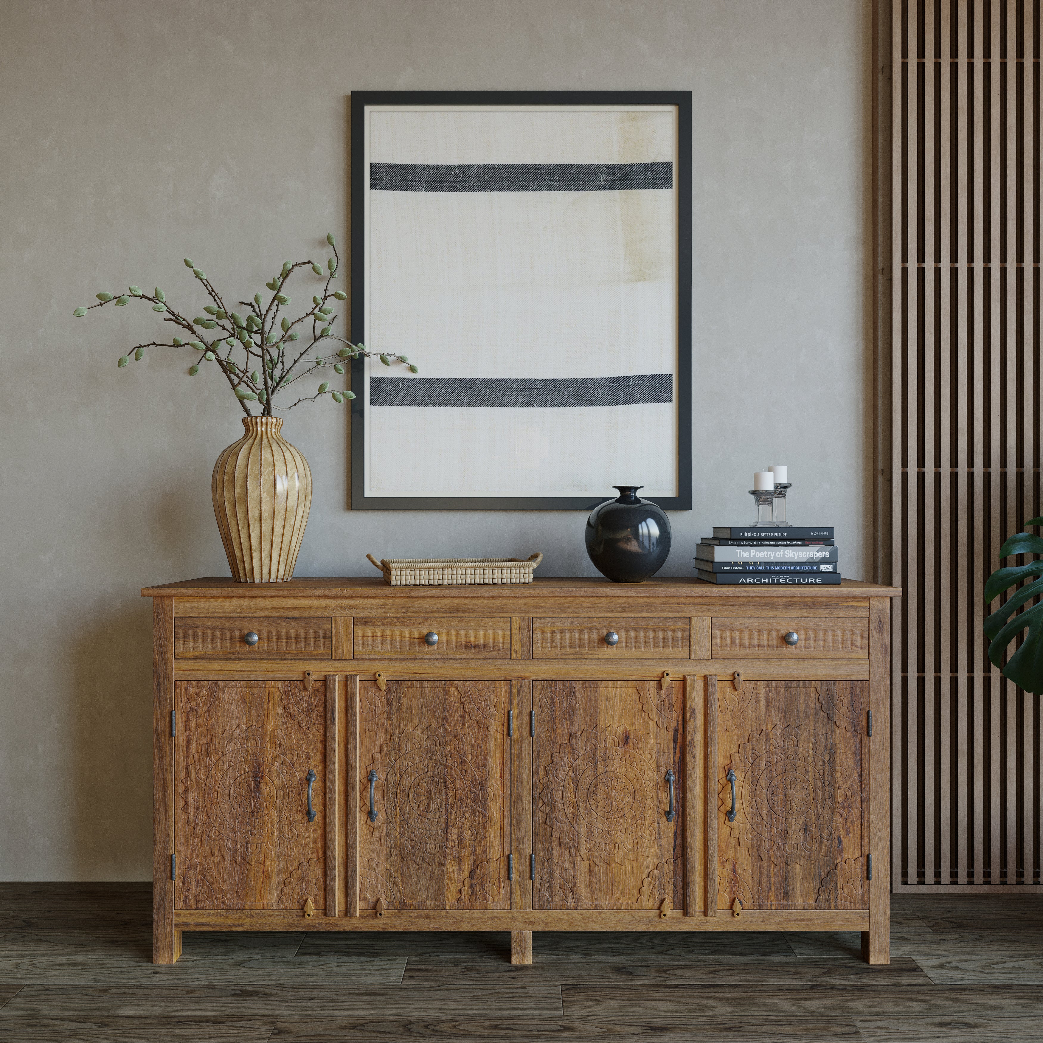 Handcrafted Natural Sideboard, Floral Carving, Medium Brown 150cm + 180cm - Image 5
