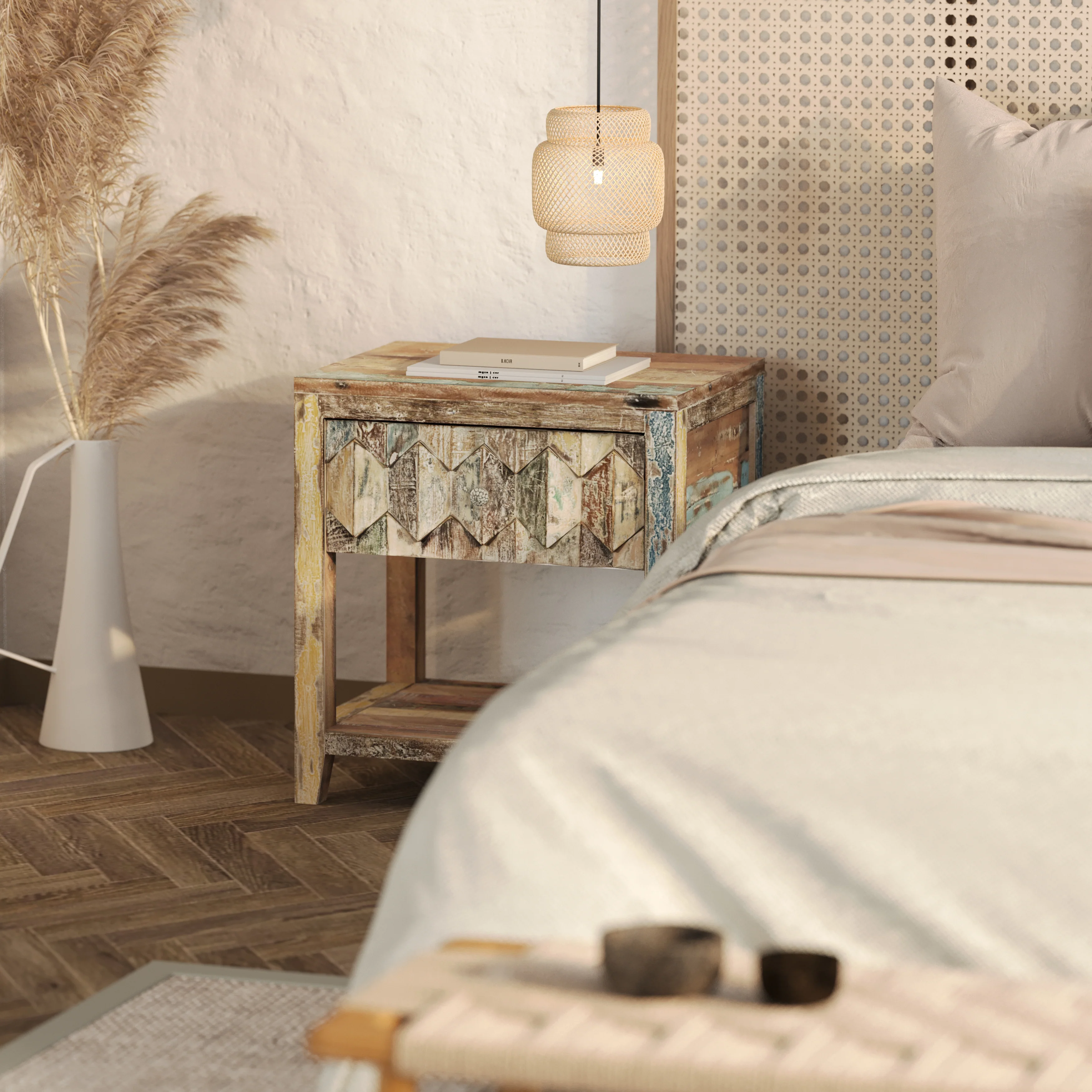 Luxus Reclaimed Teak Bedside Drawer, Mountain Pattern - Image 3