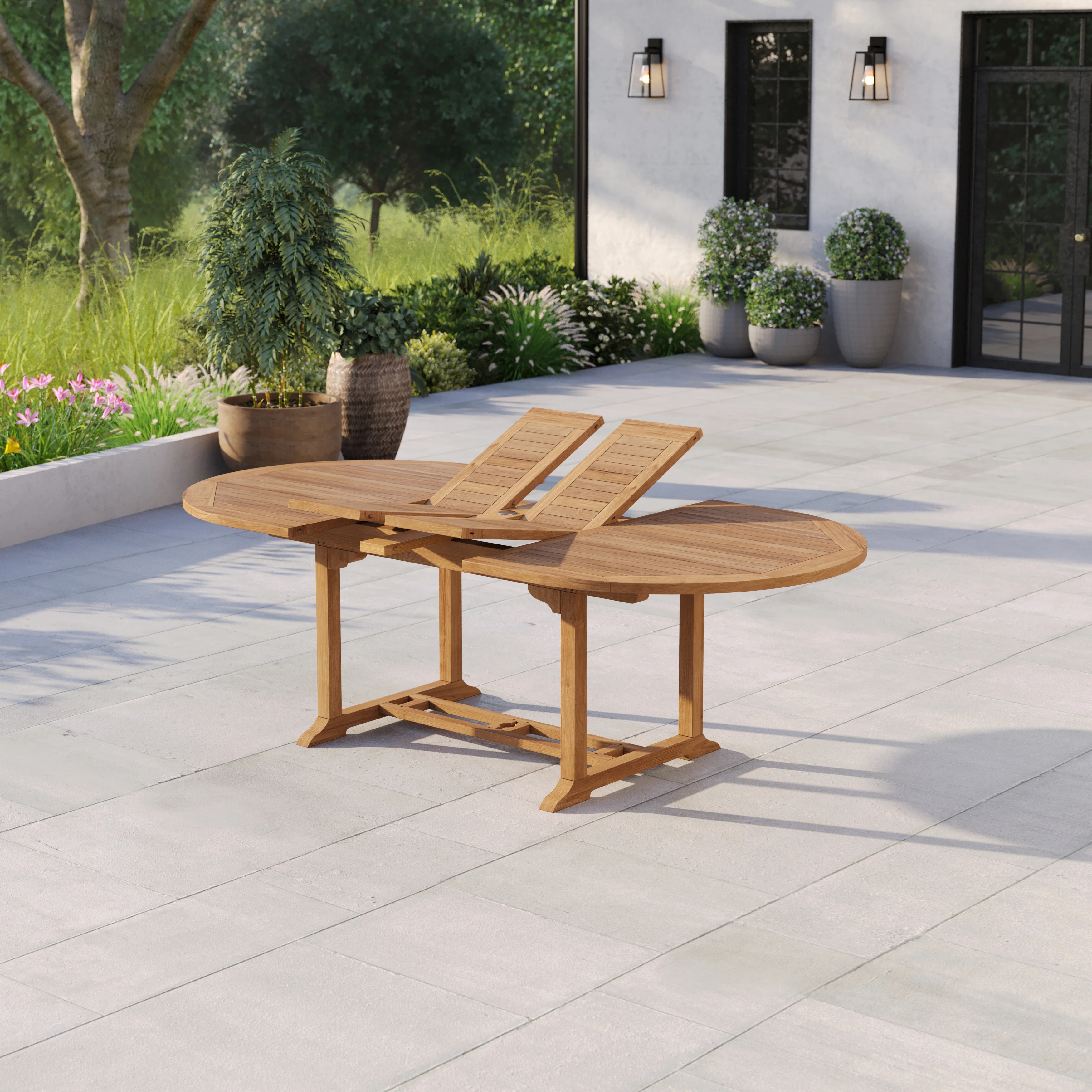 180cm to 240cm Teak Oval Extending Table with 8 Oxford Stacking Chairs - Image 6