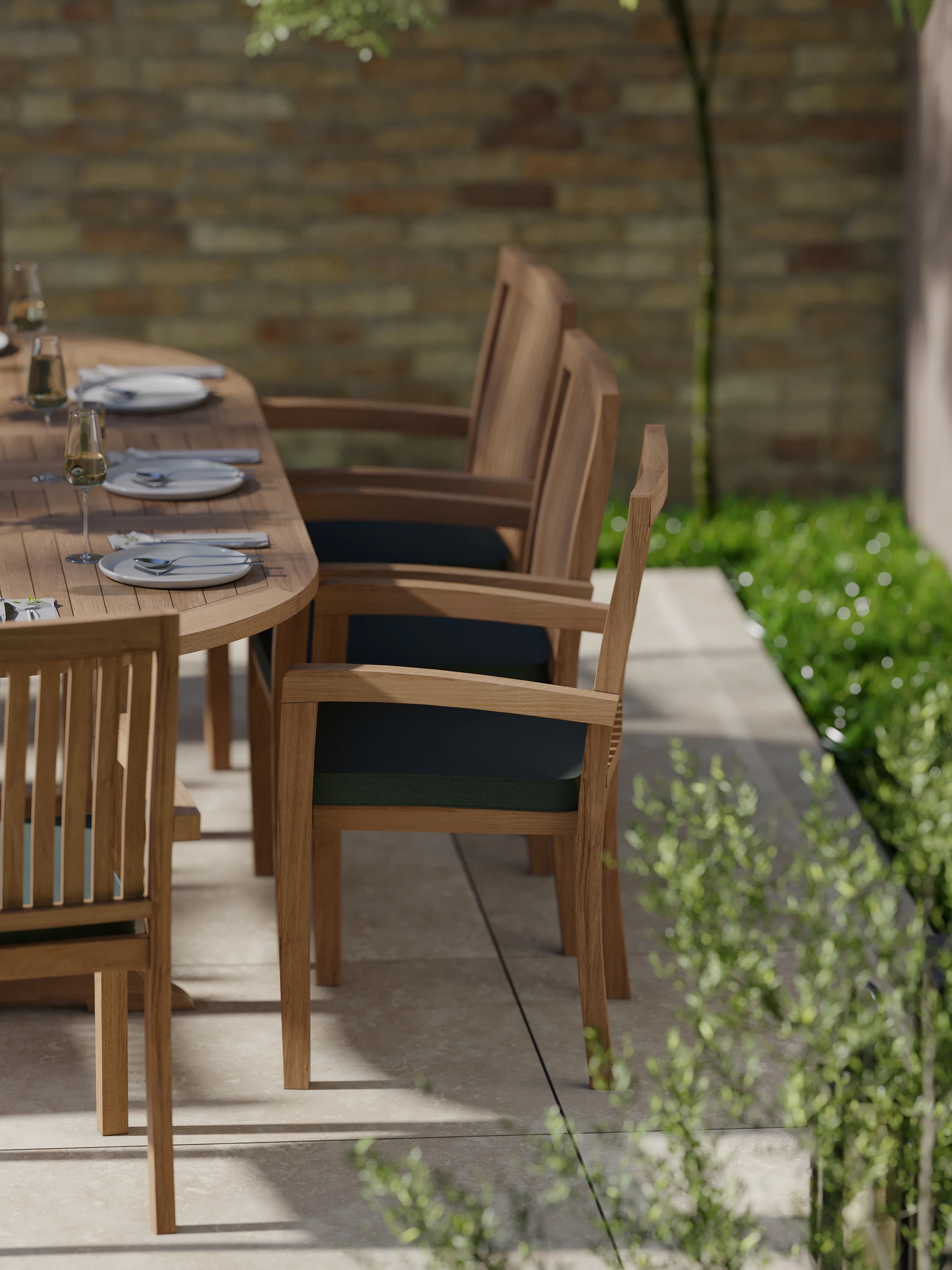 Teak Oval 180-240cm Extending Table with 8 Henley Stacking Chairs Cushions Included. - Image 4