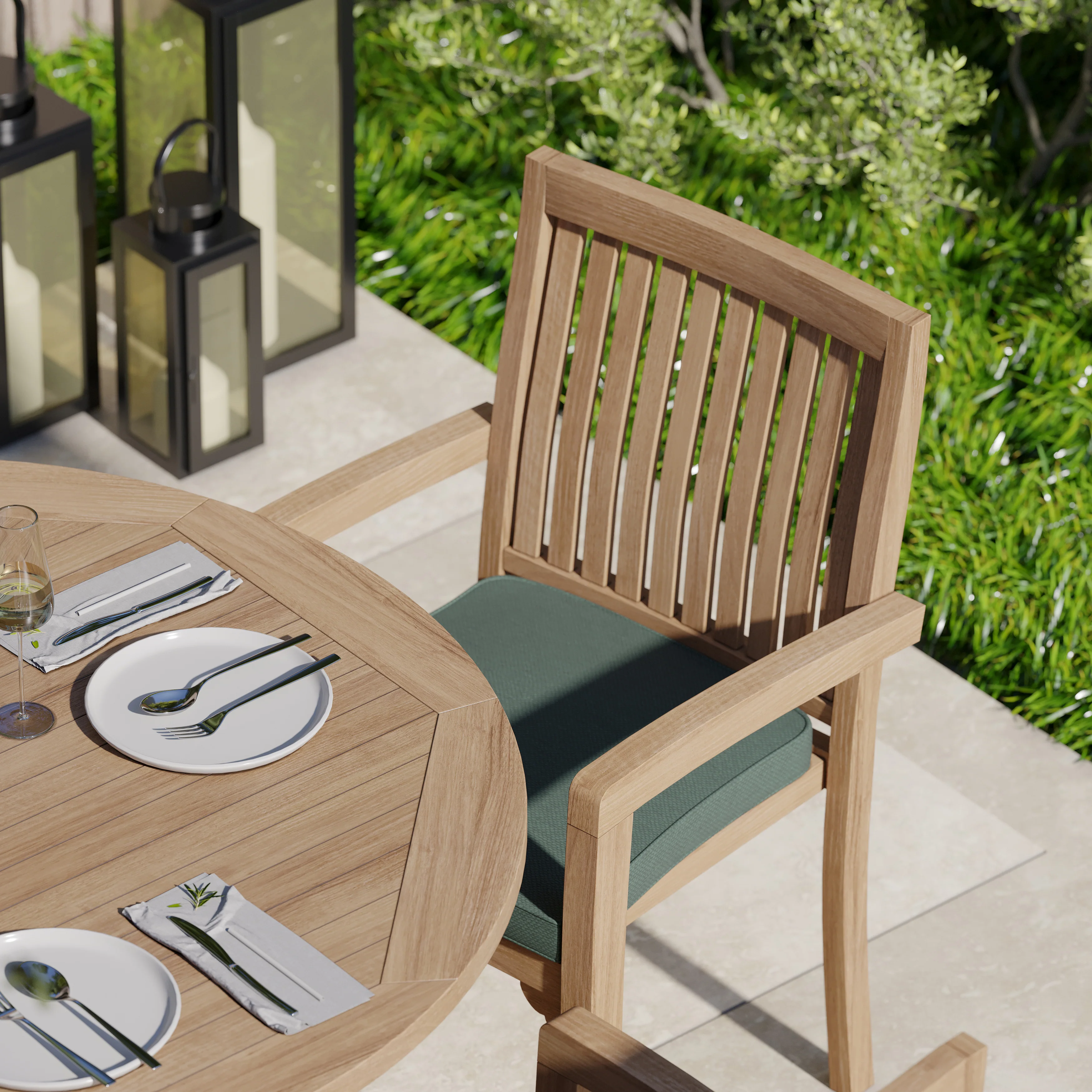 Teak Oval 180-240cm Extending Table with 8 Henley Stacking Chairs Cushions Included. - Image 5