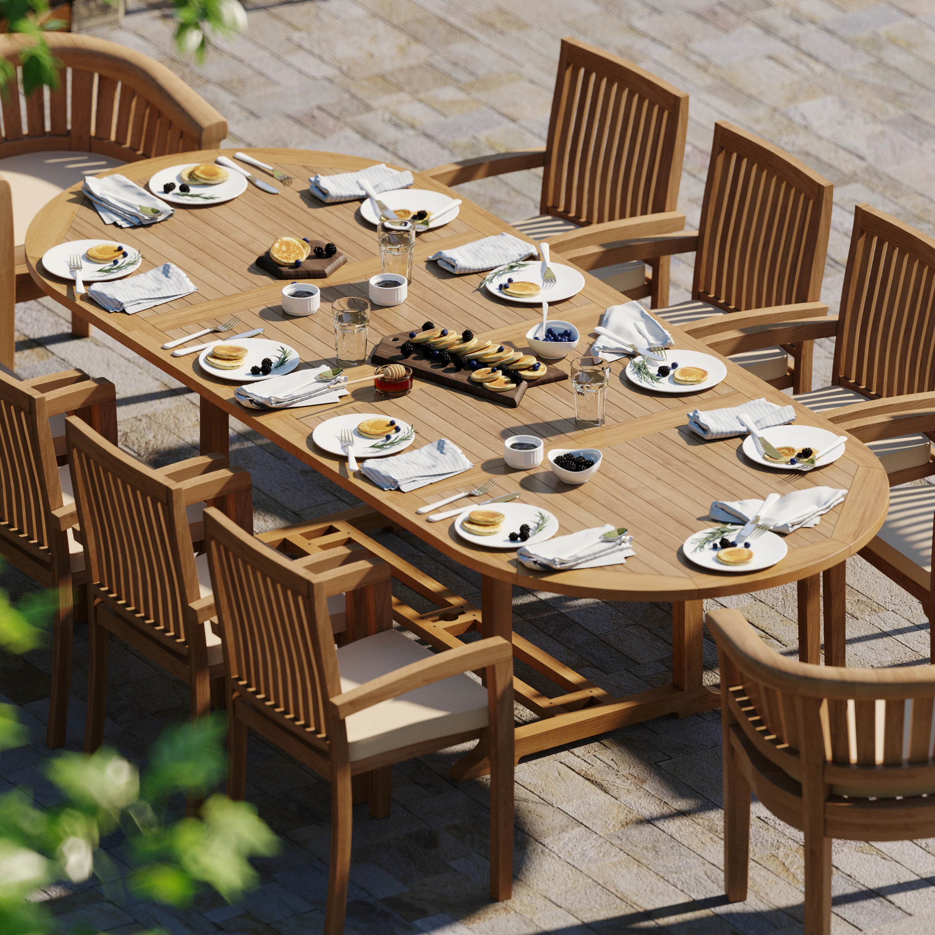 Teak 200cm to 300cm Oval Extending Table with 8 Henley Stacking Chairs & 2 San Francisco Chairs - Image 3