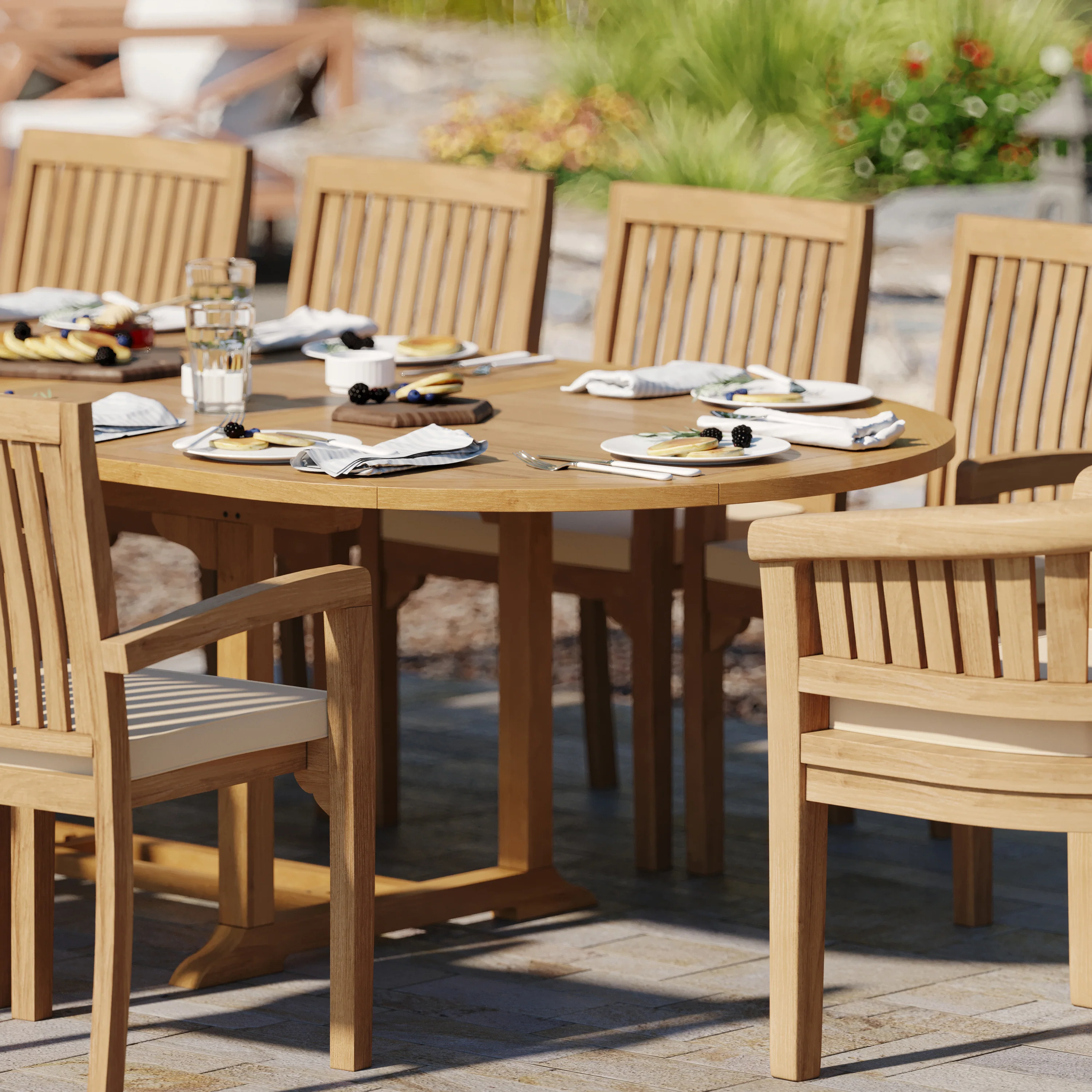 Teak 200cm to 300cm Oval Extending Table with 8 Henley Stacking Chairs & 2 San Francisco Chairs - Image 4