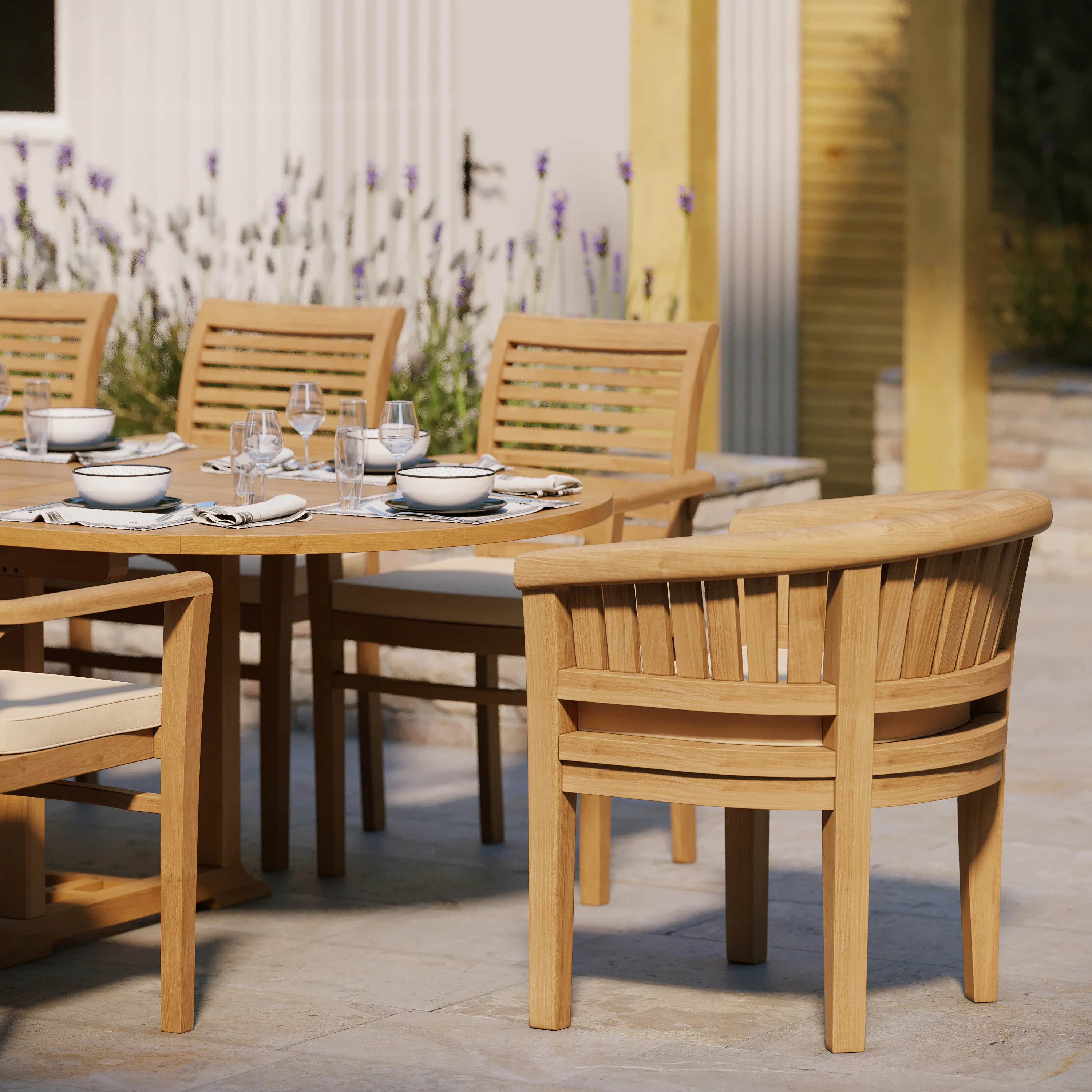 Teak 200cm to 300cm Oval Extending Table with 8 Oxford Stacking Chairs & 2 San Francisco Chairs - Image 4