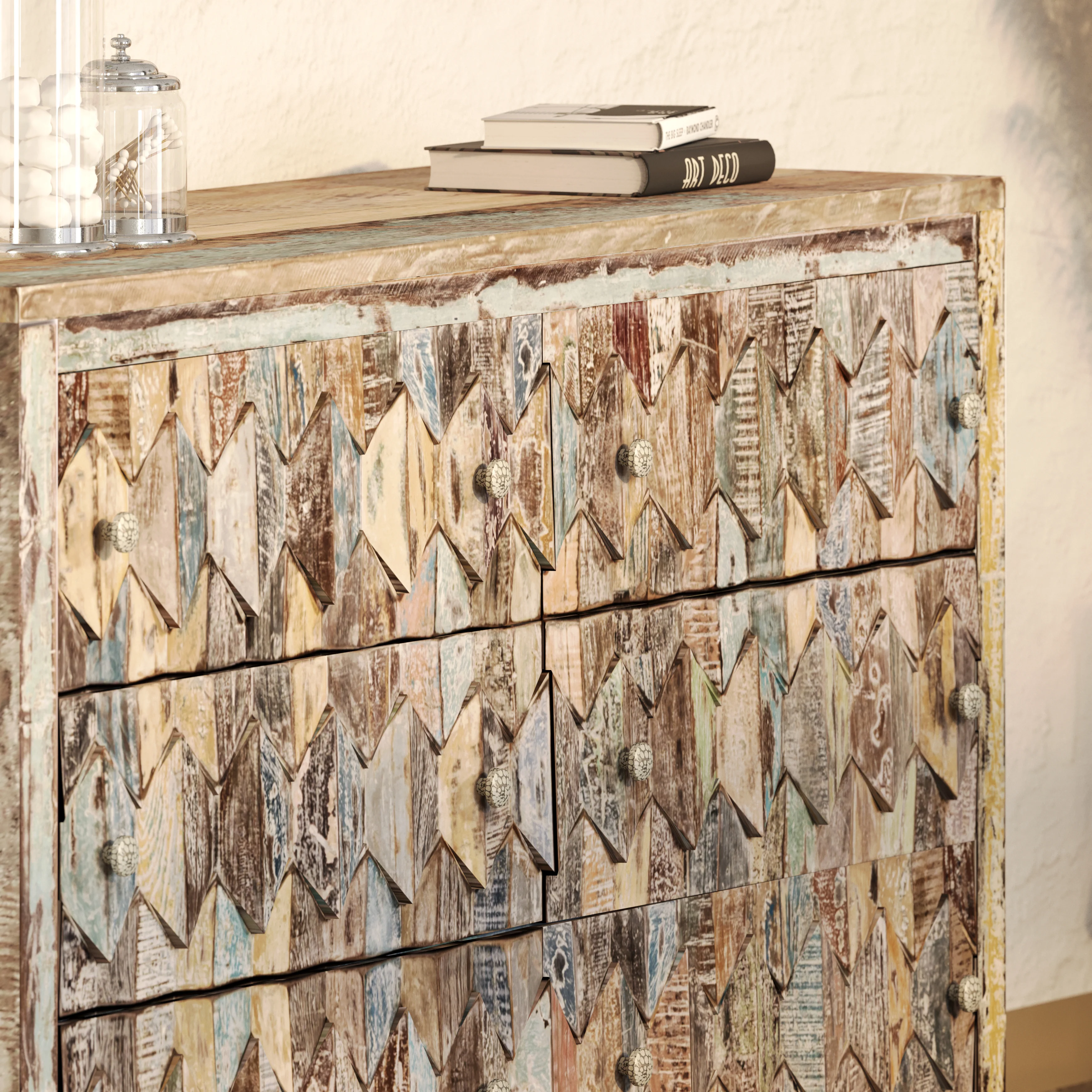 Tall Reclaimed Teak Chest of Drawers, Mountain Pattern - Image 3