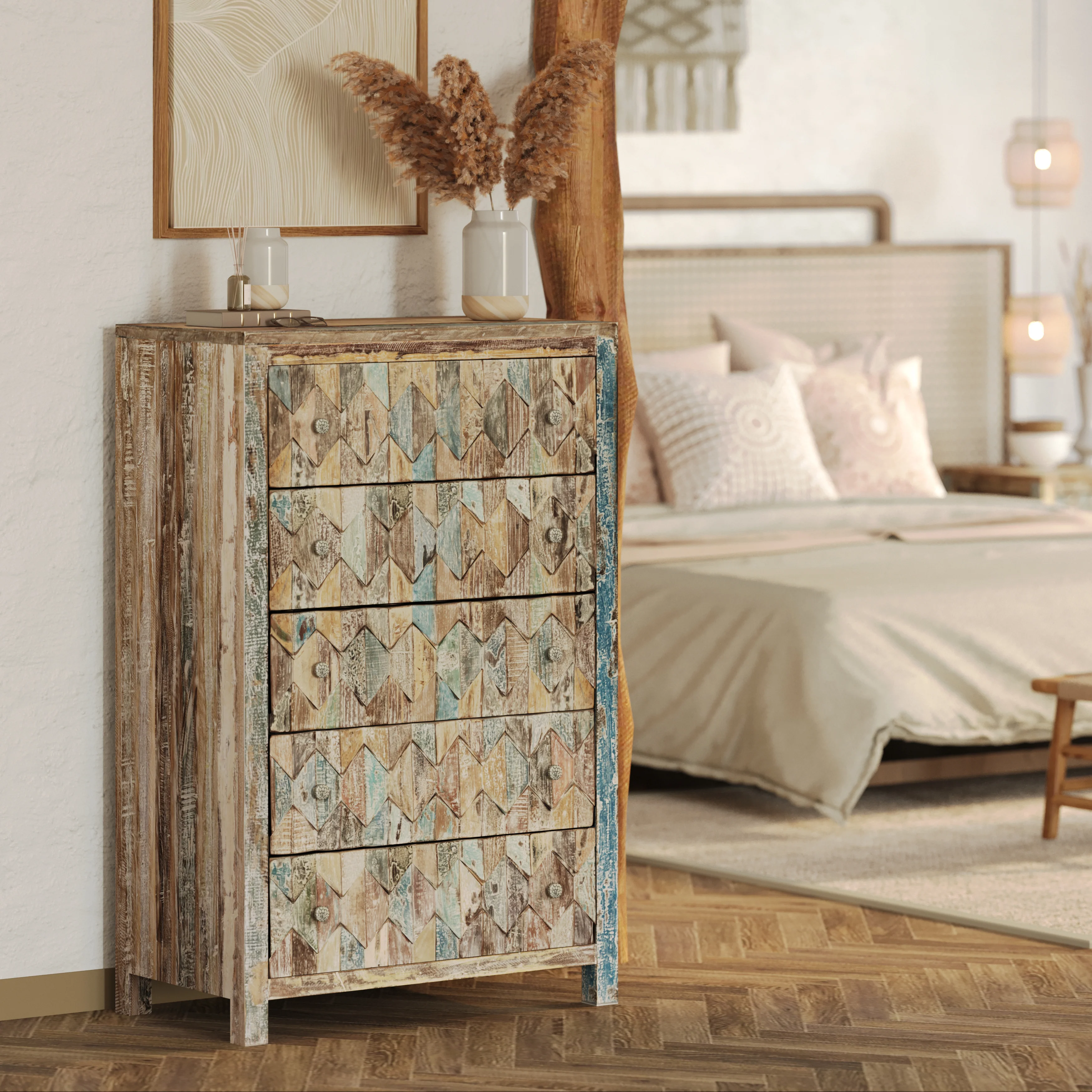 Tall Reclaimed Teak Chest of Drawers, Mountain Pattern - Image 4