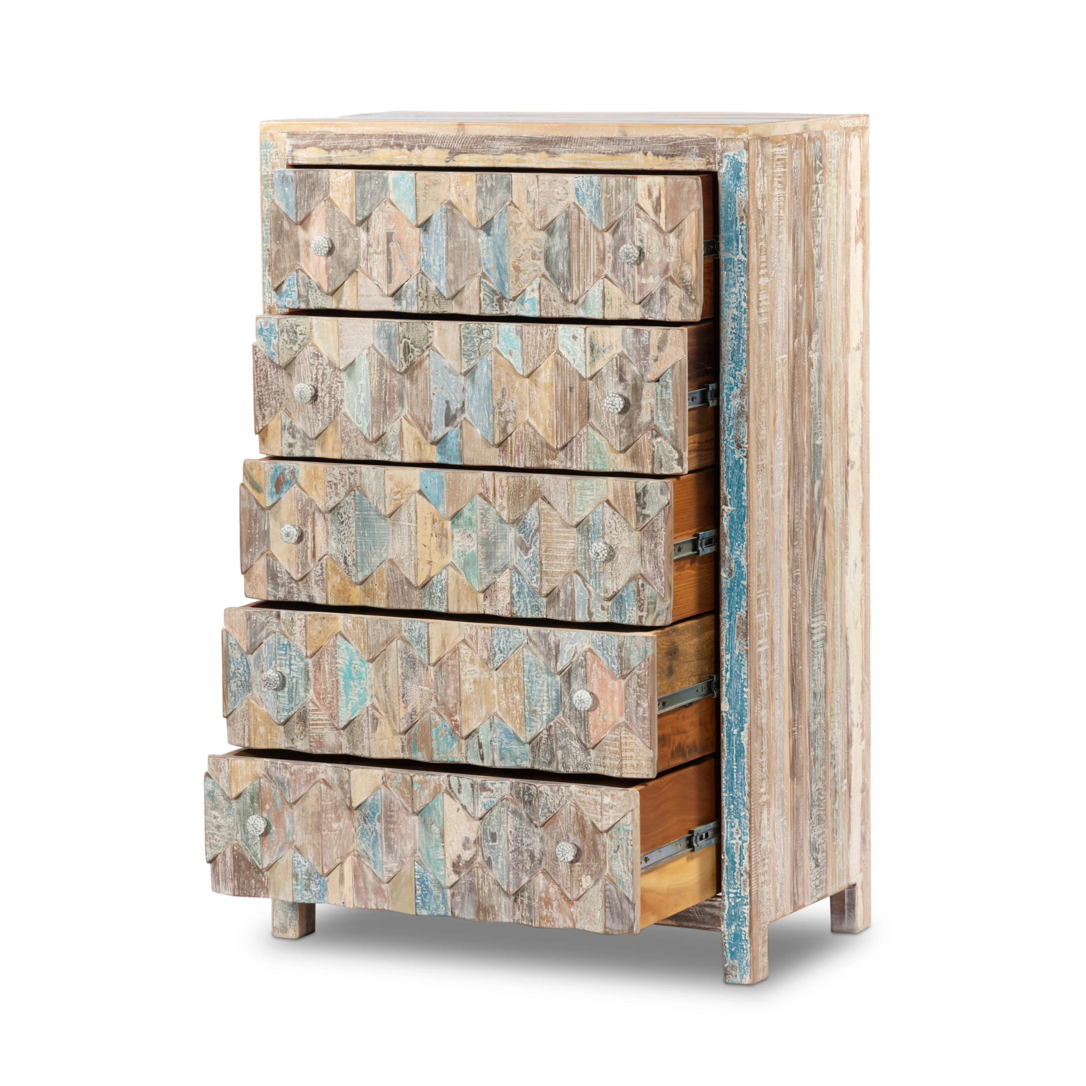 Tall Reclaimed Teak Chest of Drawers, Mountain Pattern - Image 5