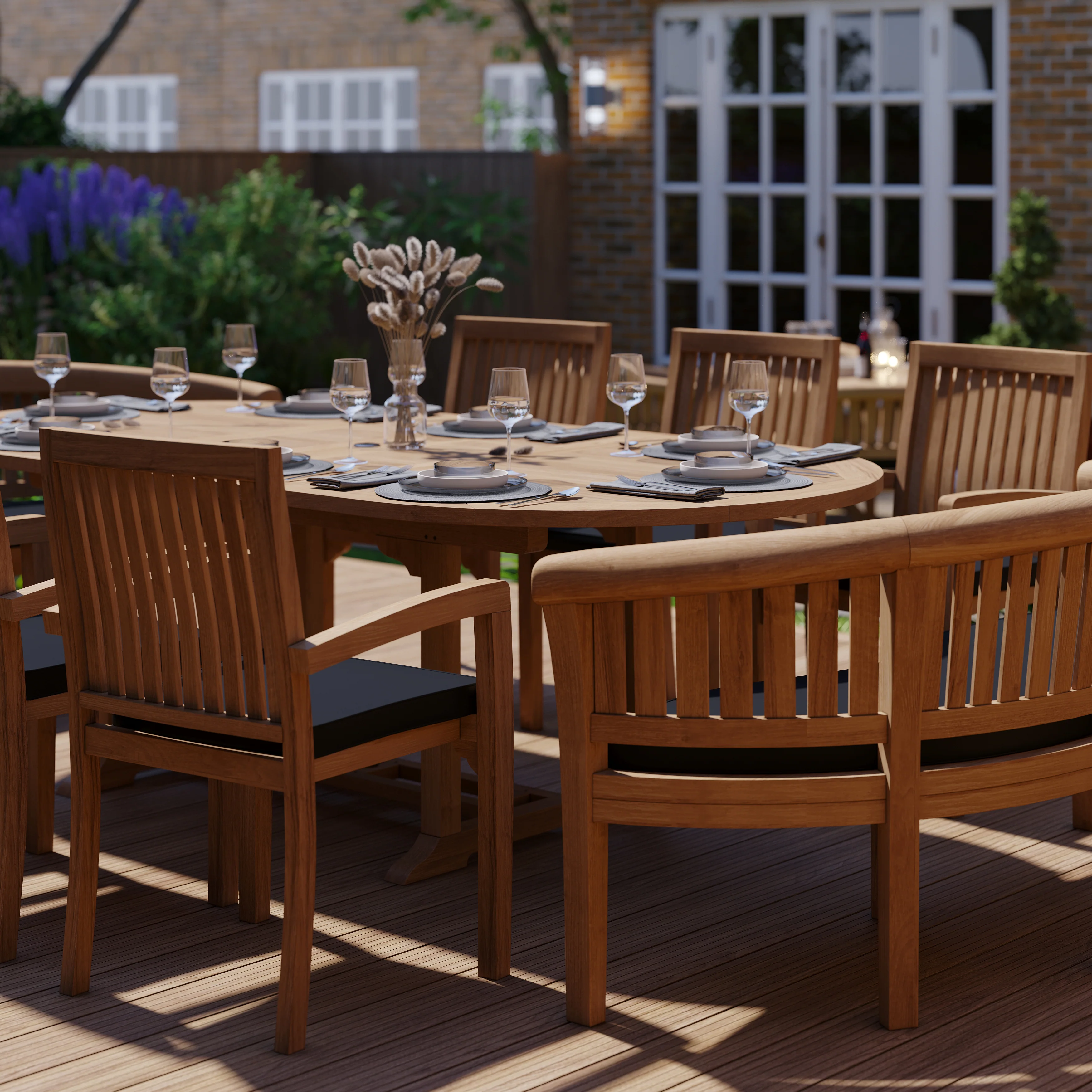 Teak 180-240cm Oval Extending Table 4cm Top (6 Henley Stacking Chairs 2 San Francisco Benches) Cushions included. - Image 6
