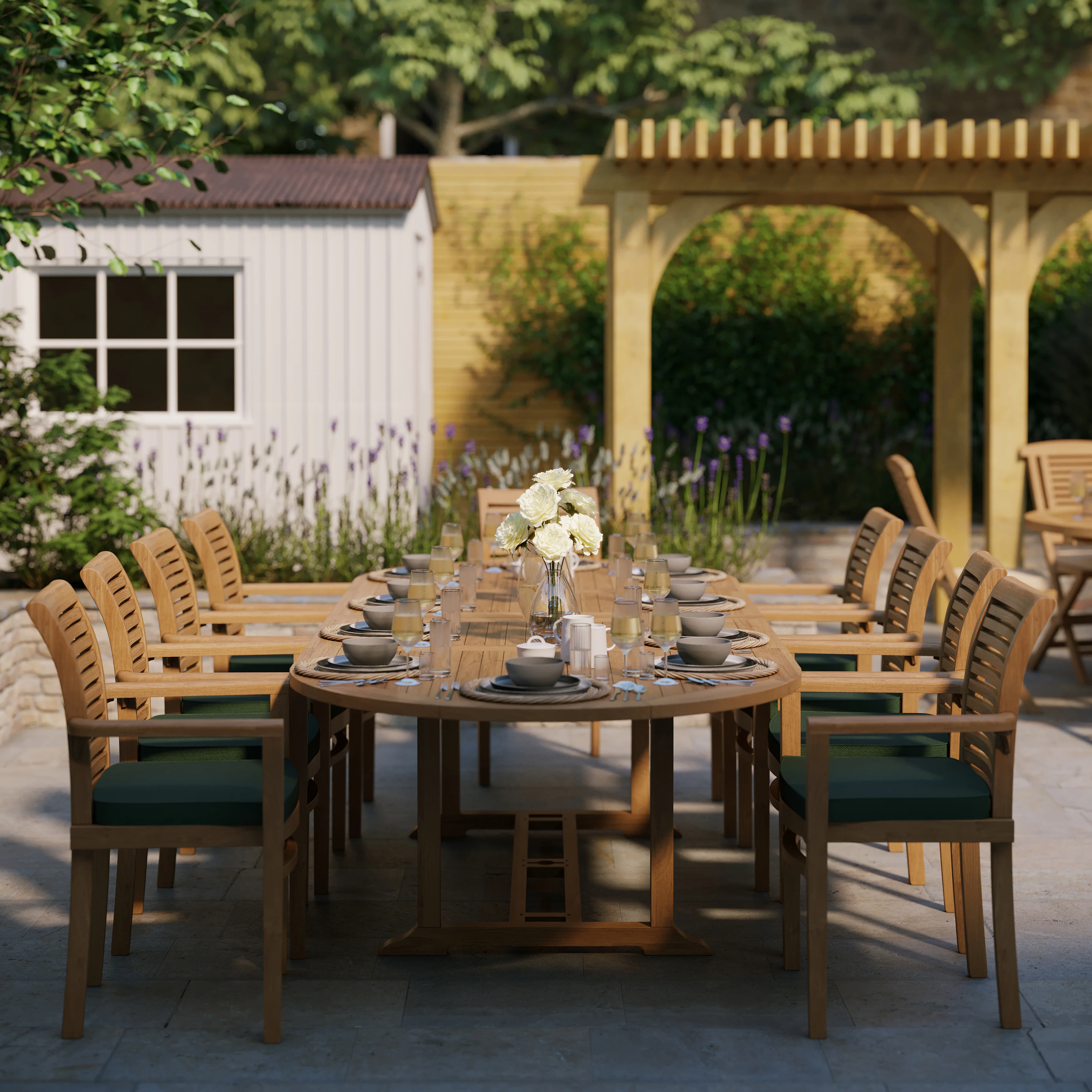 Teak 2-3m Oval Extending Table 4cm Top (10 Oxford Stacking Chairs) Cushions included. - Image 3