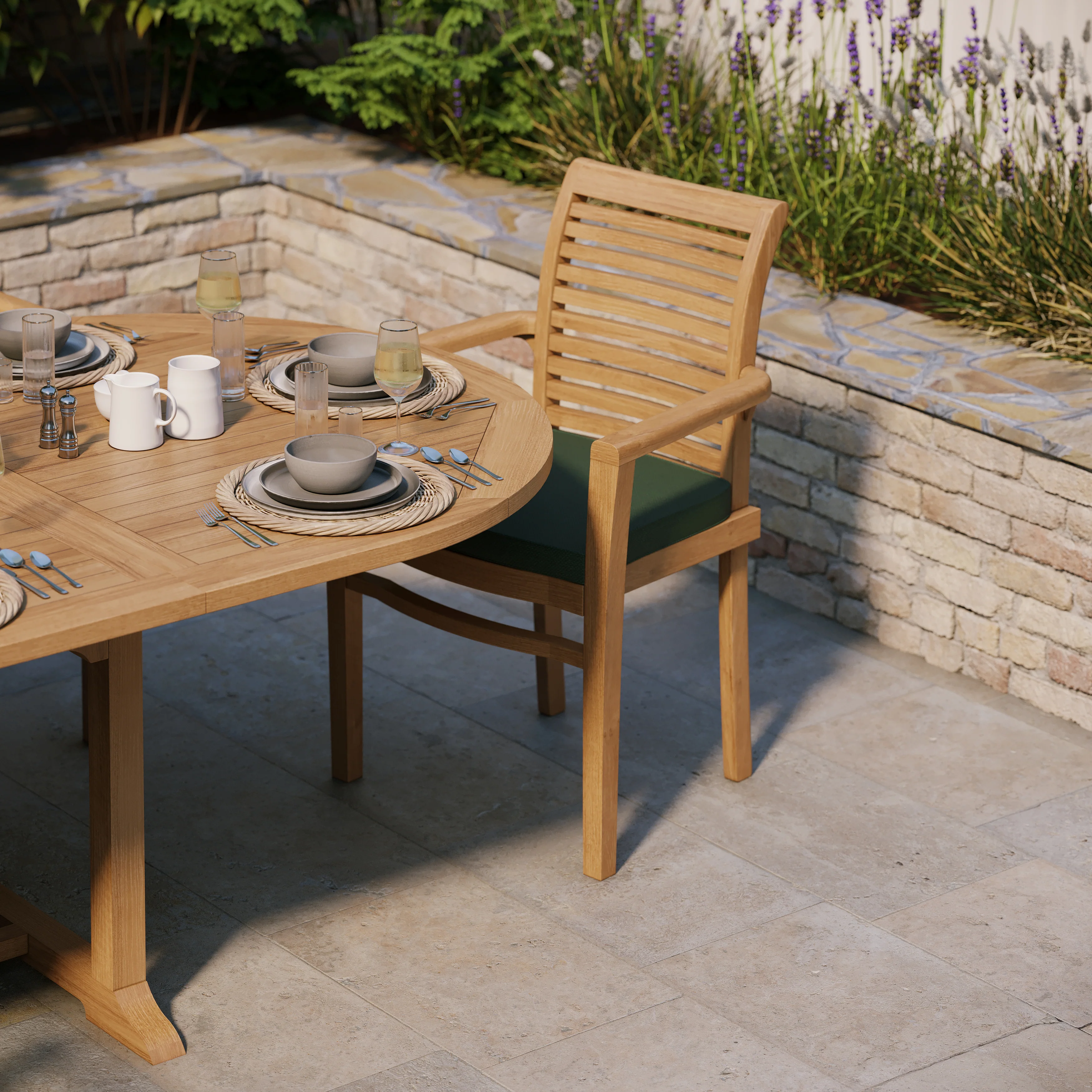 Teak 2-3m Oval Extending Table 4cm Top (10 Oxford Stacking Chairs) Cushions included. - Image 4