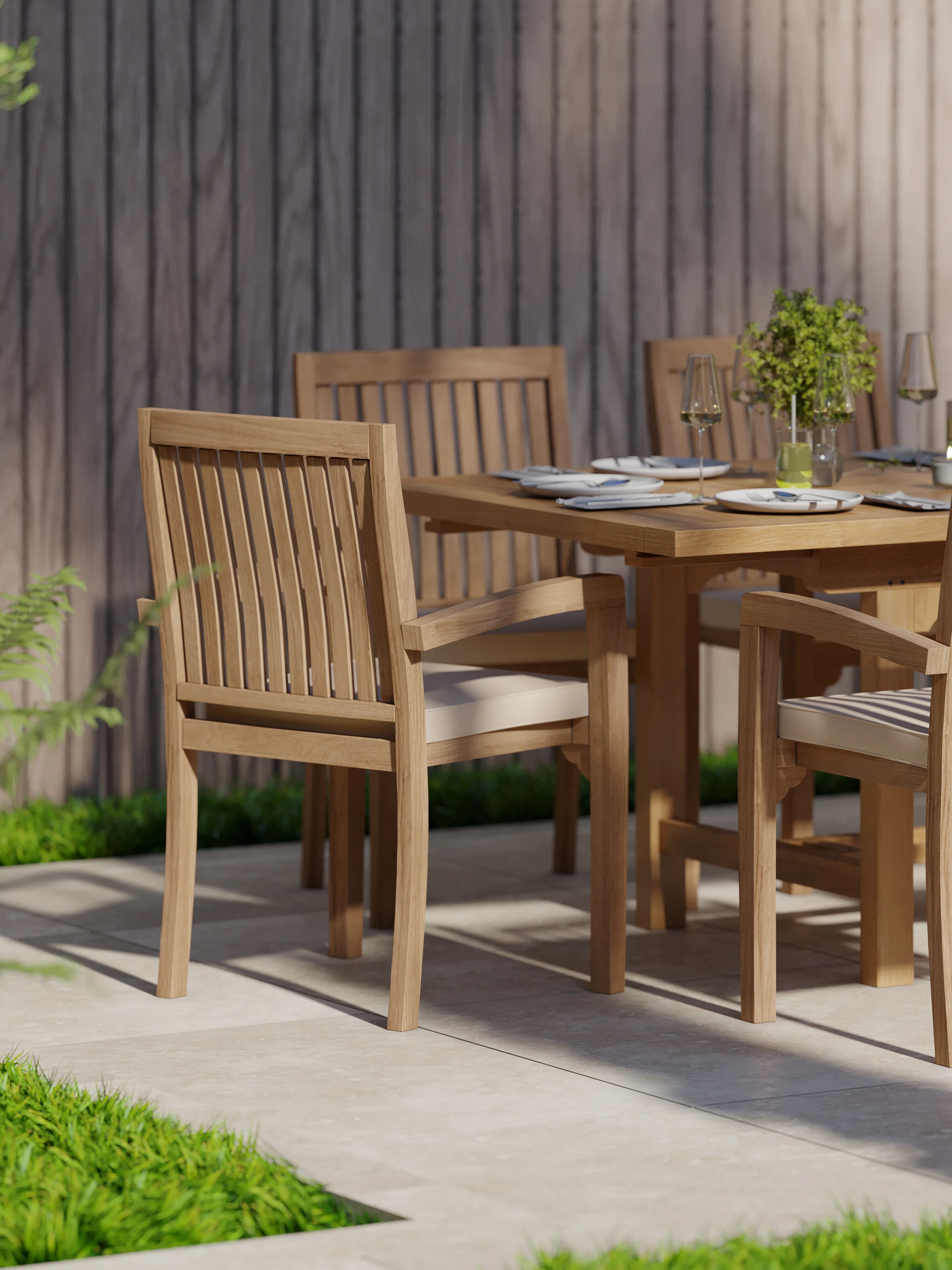 Teak Rectangle 180cm to 240cm Extending Table with 8 Henley Stacking Chairs - Image 3