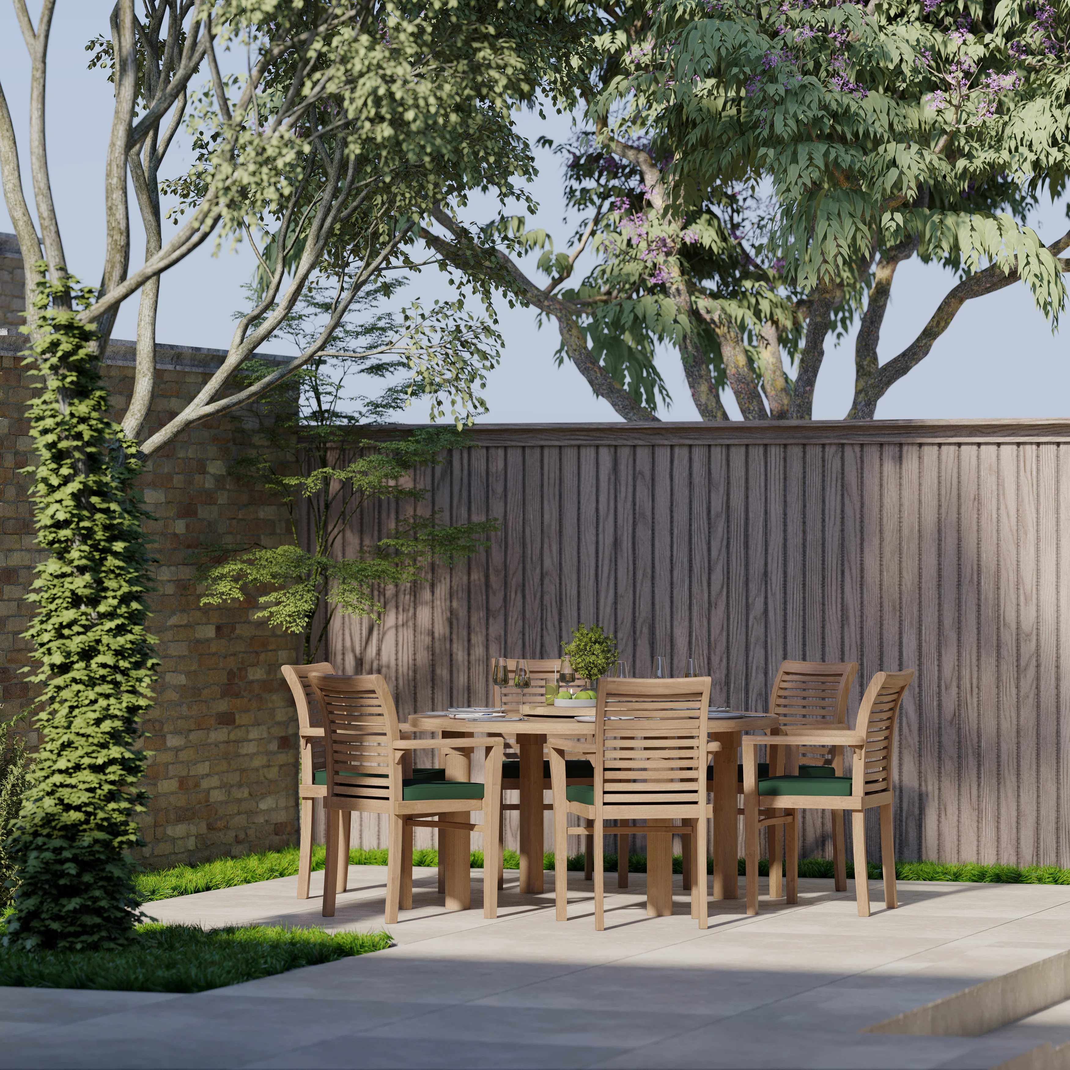 Teak Set 150cm Maximus Round Table, 4cm Top (6 Oxford Stacking Chairs) Cushions included. - Image 3