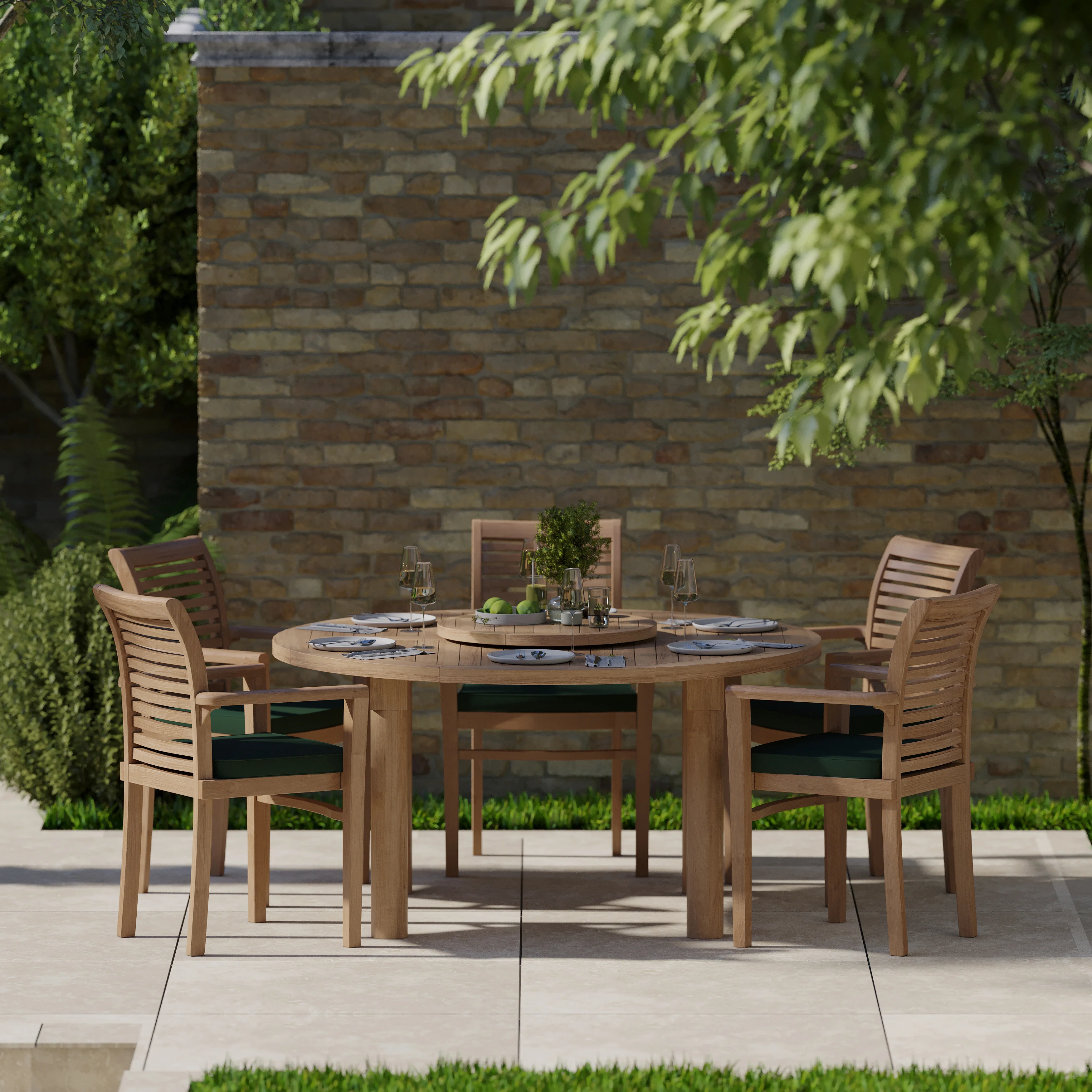 Teak Set 150cm Maximus Round Table, 4cm Top (6 Oxford Stacking Chairs) Cushions included. - Image 4