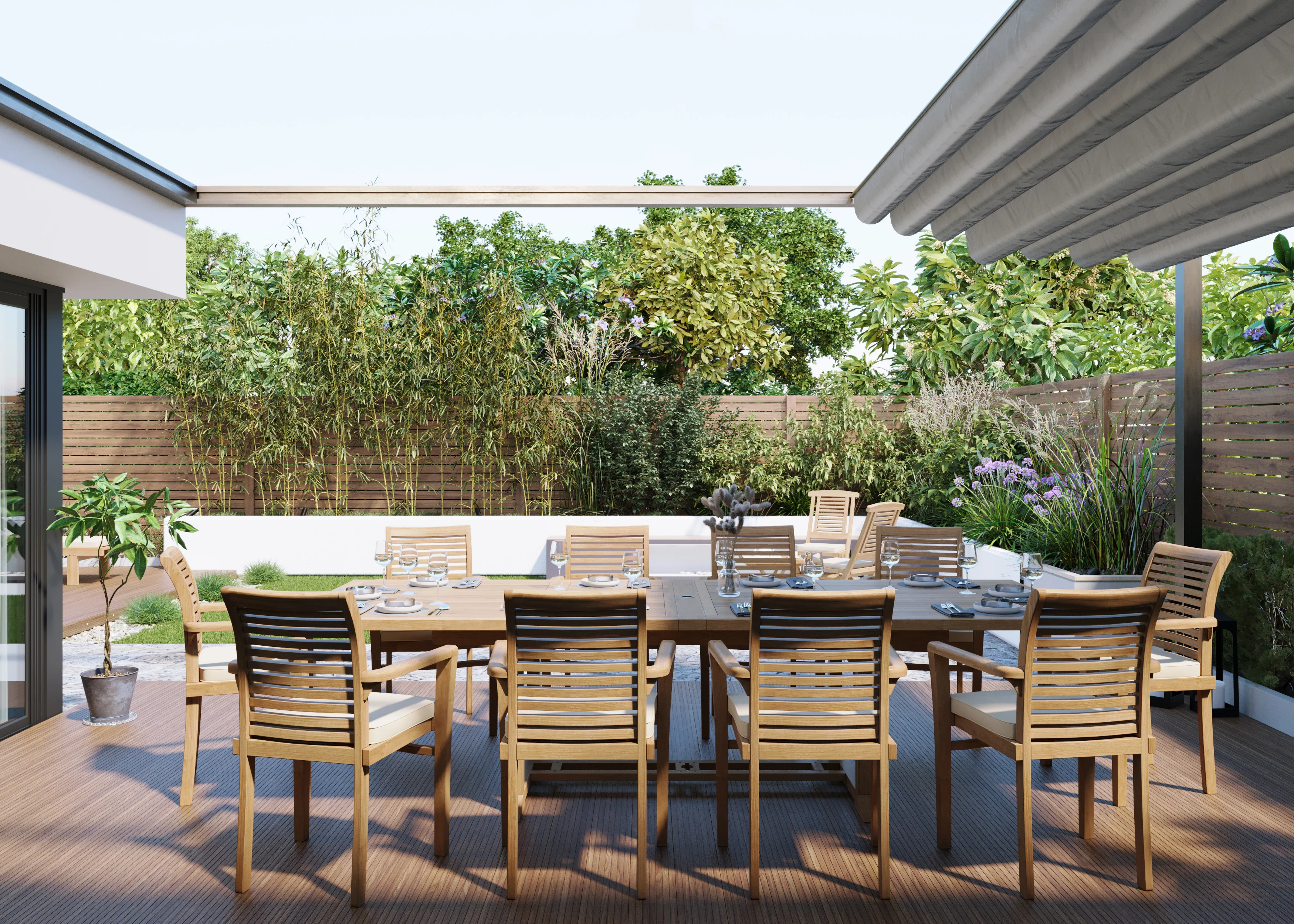 Teak Set 200-300cm Rectangle Extending Table 4cm Top (10 Oxford Stacking Chairs) Cushions included. - Image 3