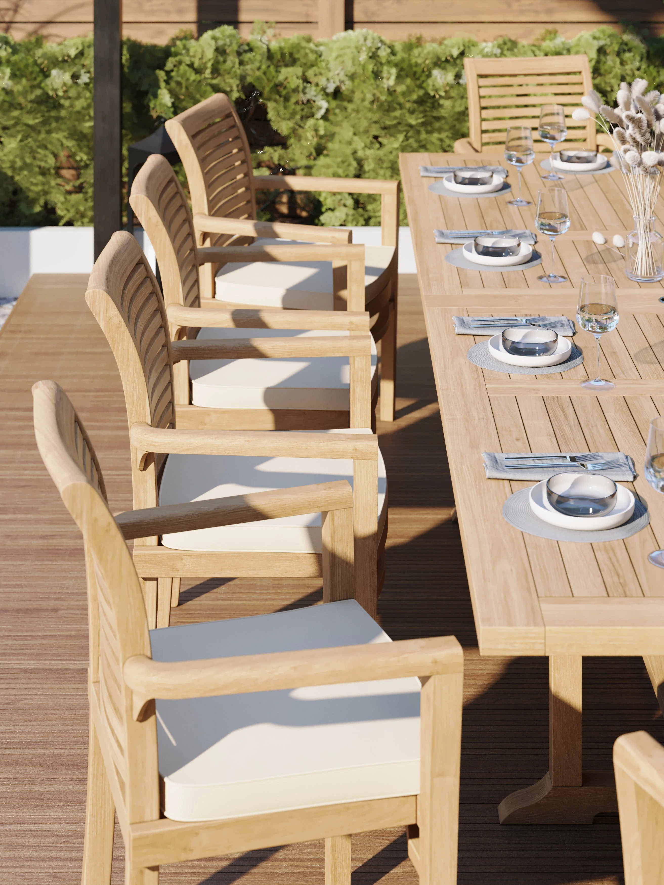 Teak Set 200-300cm Rectangle Extending Table 4cm Top (10 Oxford Stacking Chairs) Cushions included. - Image 4