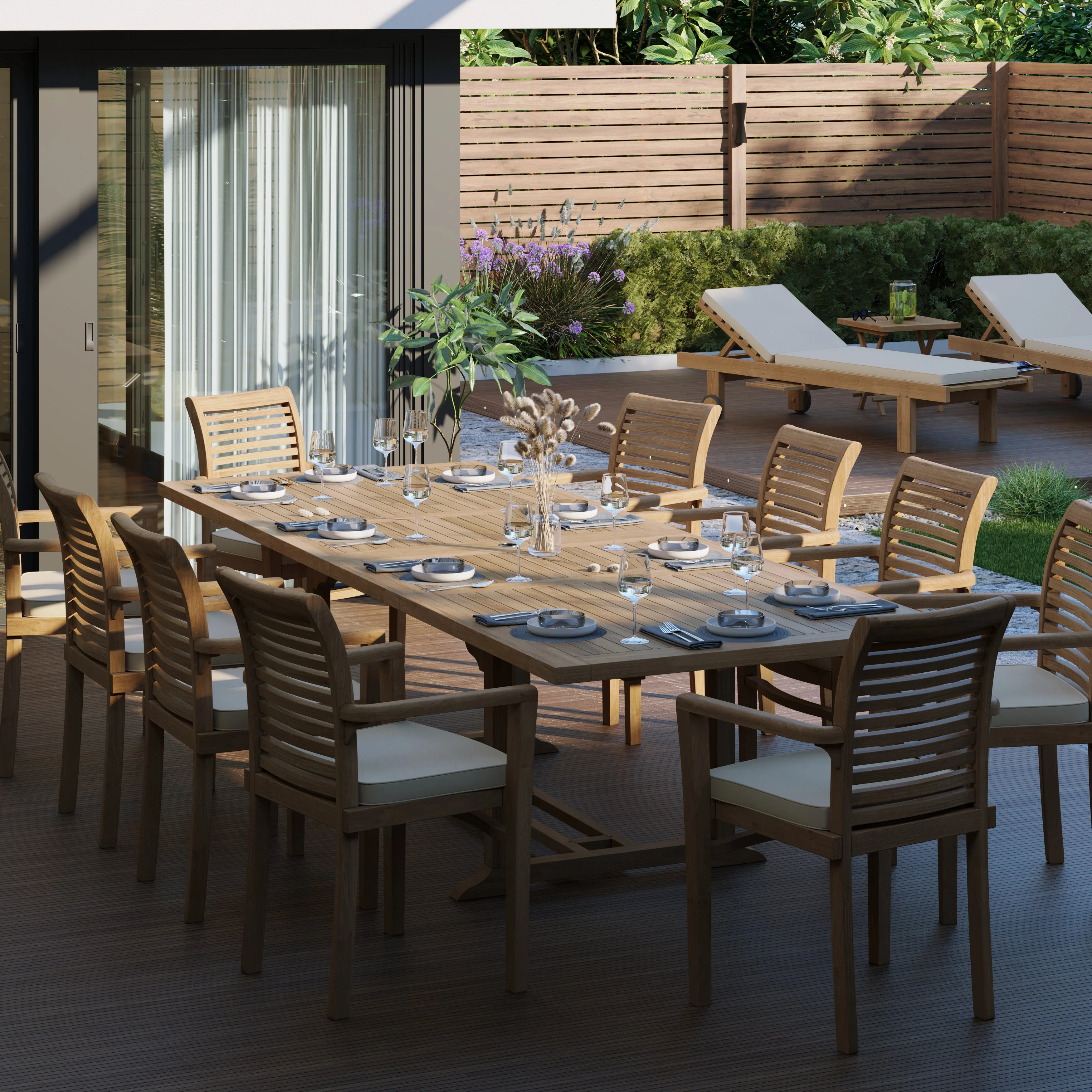 Teak Set 200-300cm Rectangle Extending Table 4cm Top (10 Oxford Stacking Chairs) Cushions included. - Image 5
