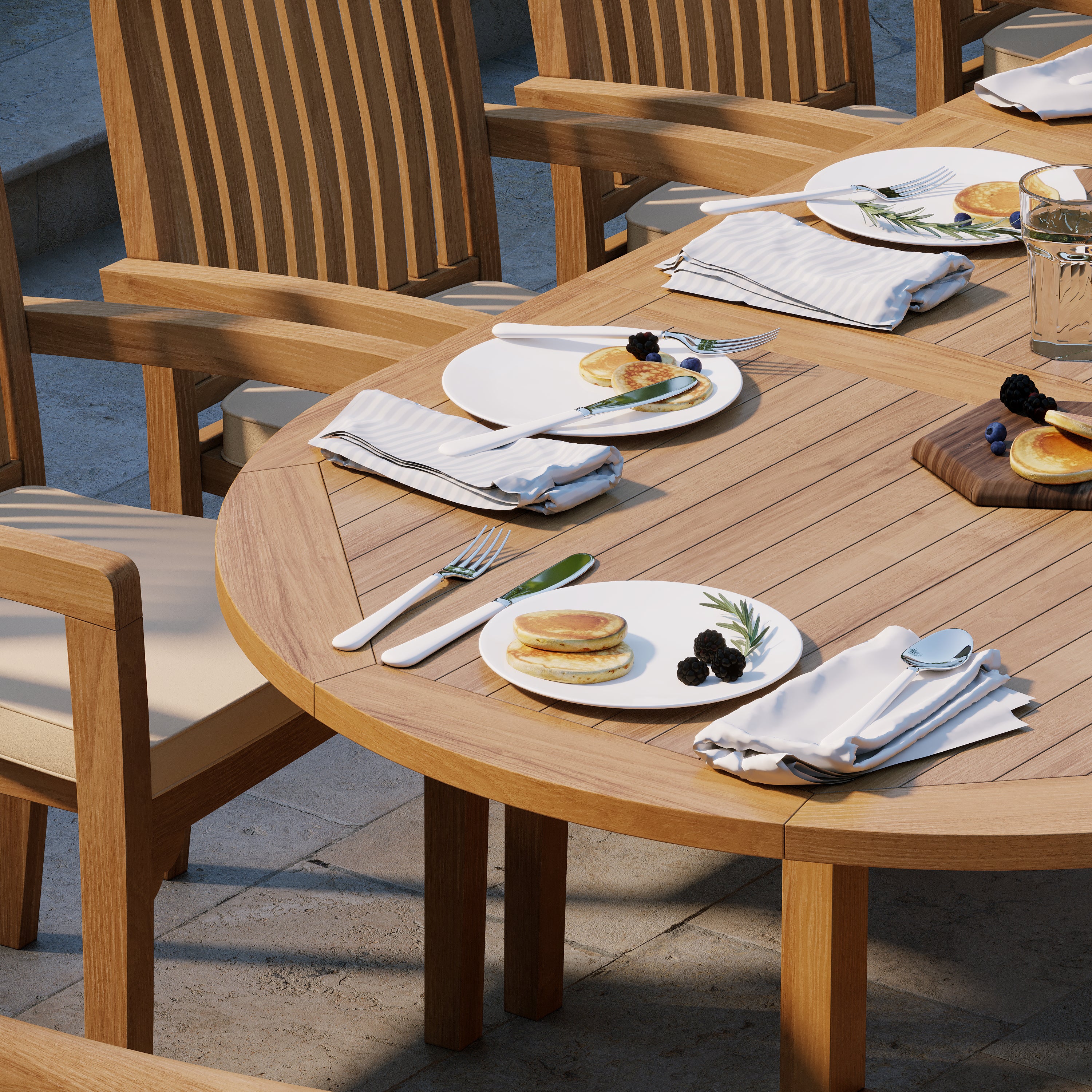 Teak 2-3m Oval Extending Table 4cm Top (8 Henley Stacking Chairs 2 San Francisco Benches) Free Cushions. - Image 3