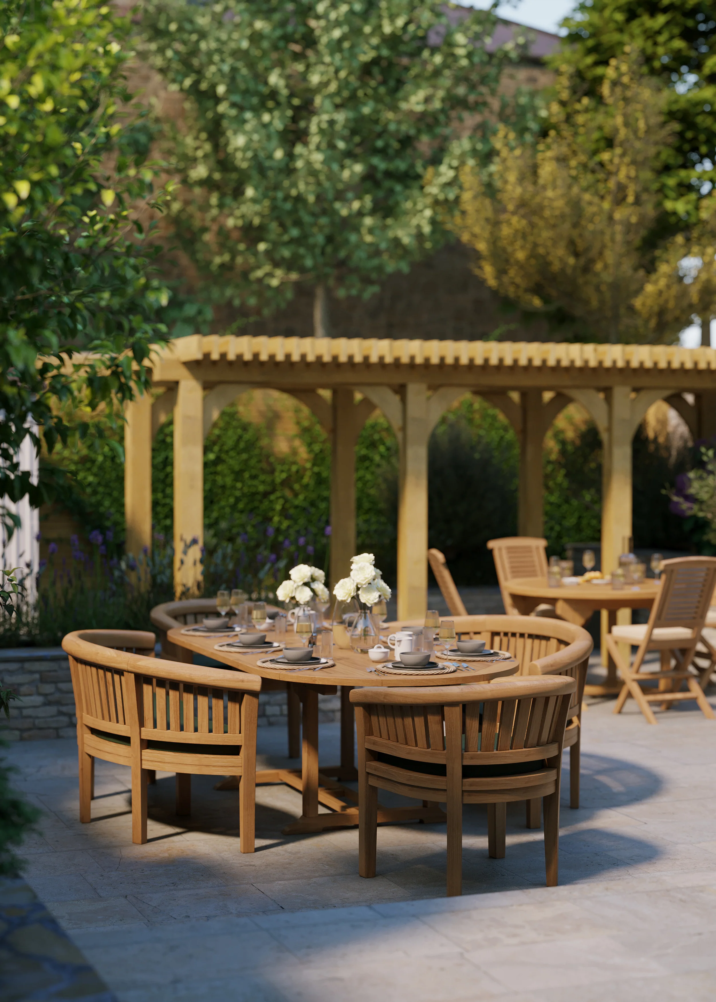 Teak Set Oval 180-240cm Extending Table 4cm Top (2 San Francisco Chairs 2 Benches) Cushions included. - Image 3