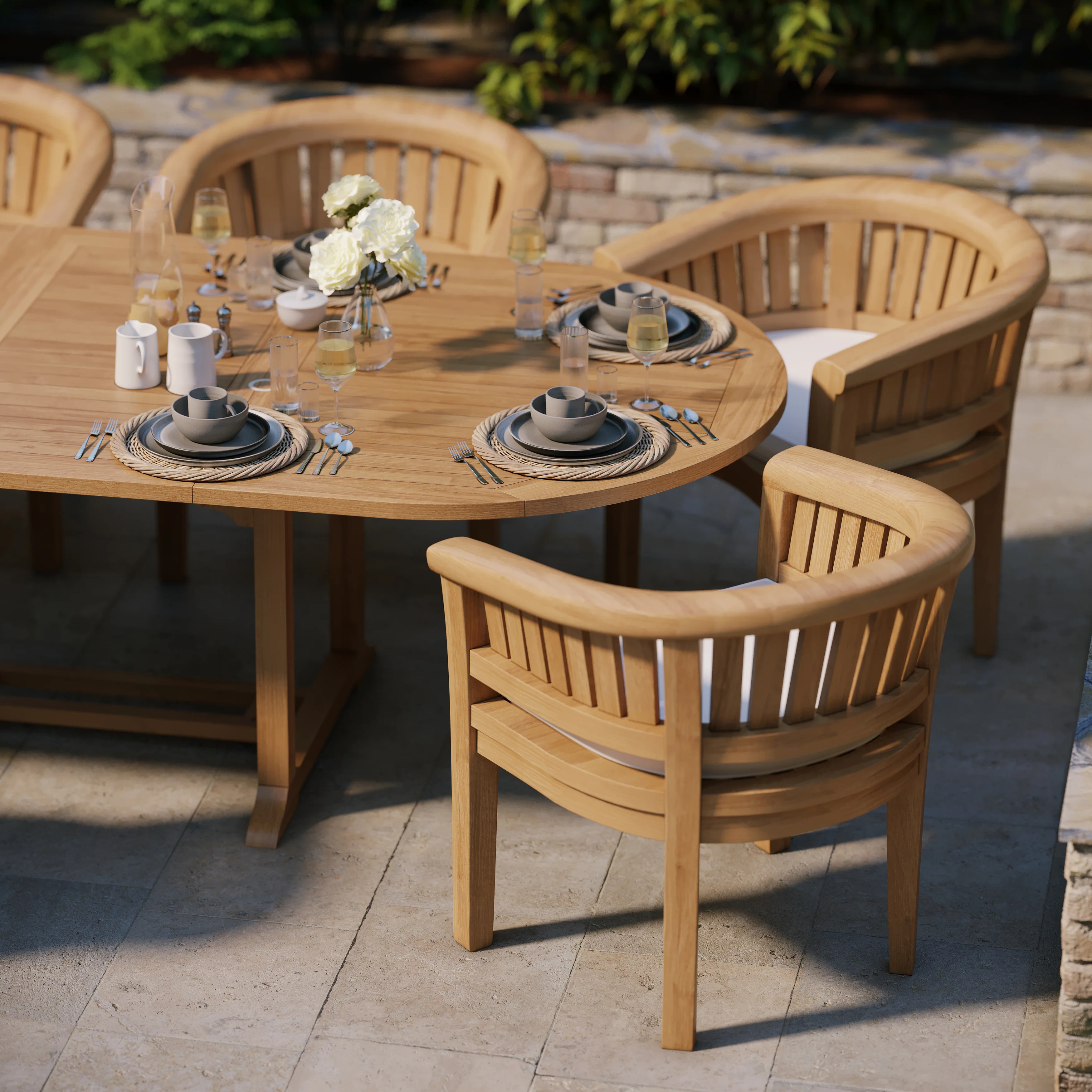 Teak Set Oval 2-3m Extending Table 4cm Top (8 San Francisco Chairs) Cushions included. - Image 3