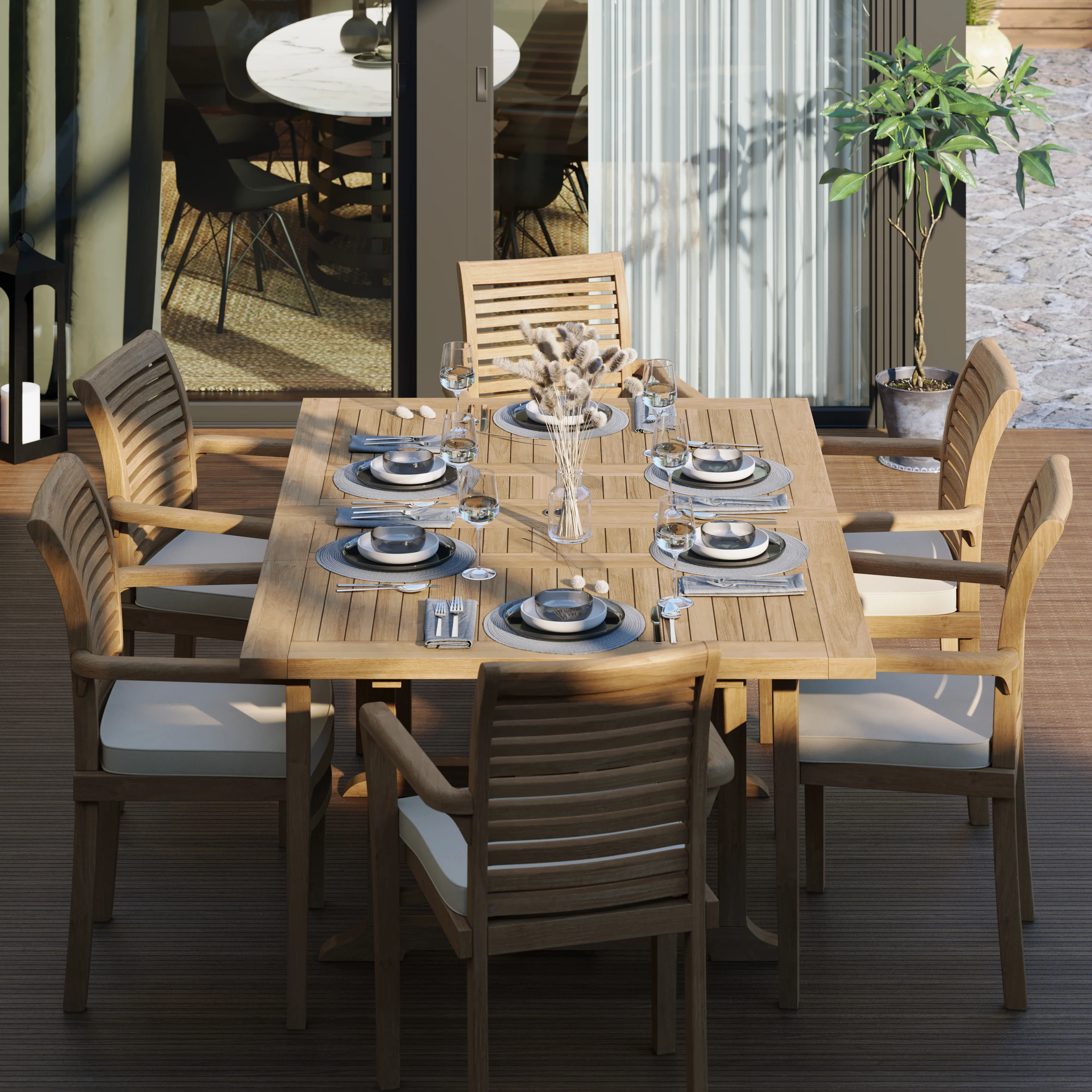 Teak Square to Rectangle 120-170cm Extending Table 4cm Top (6 Oxford Stacking Chairs) Cushions included. - Image 3