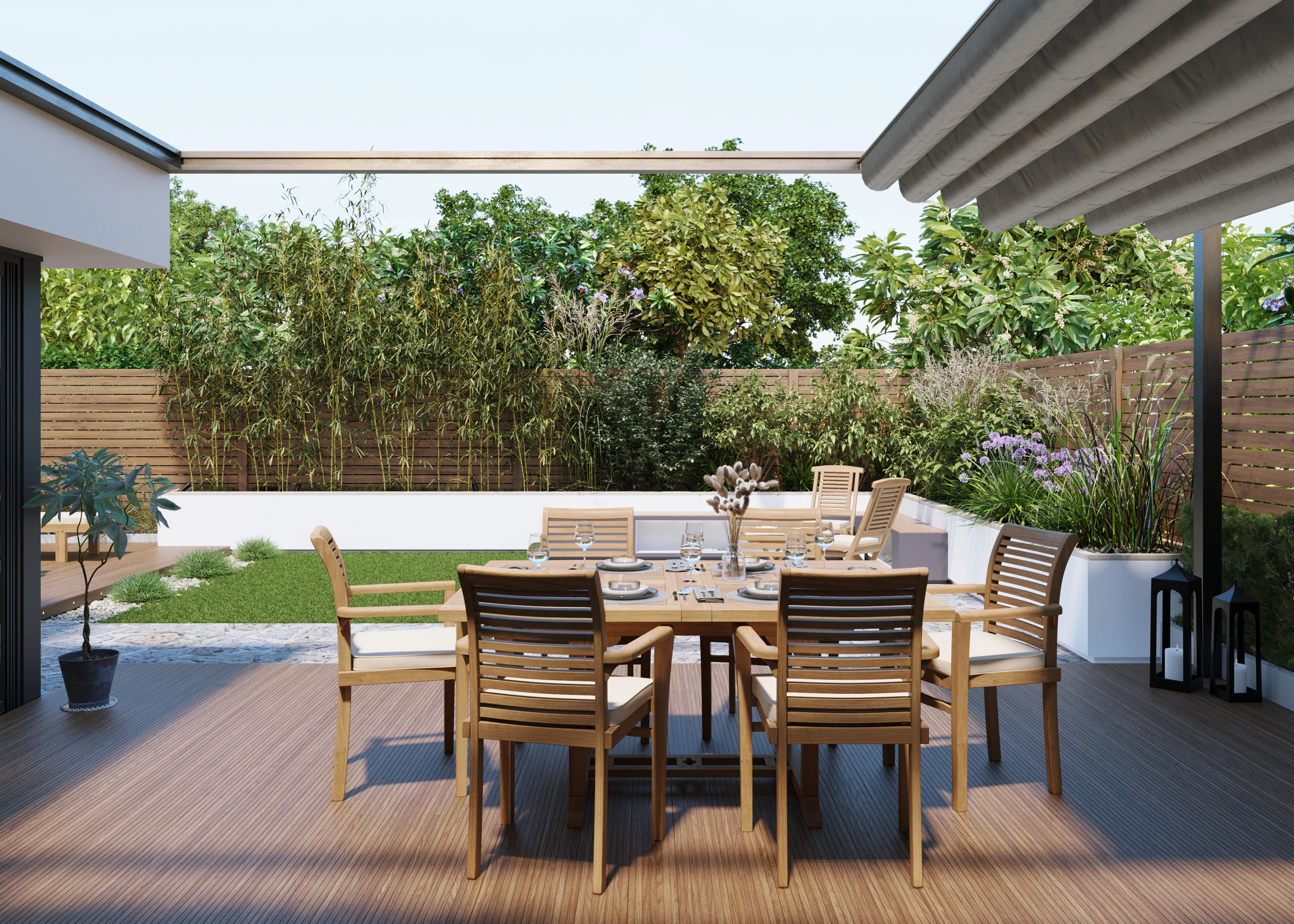 Teak Square to Rectangle 120-170cm Extending Table 4cm Top (6 Oxford Stacking Chairs) Cushions included. - Image 4