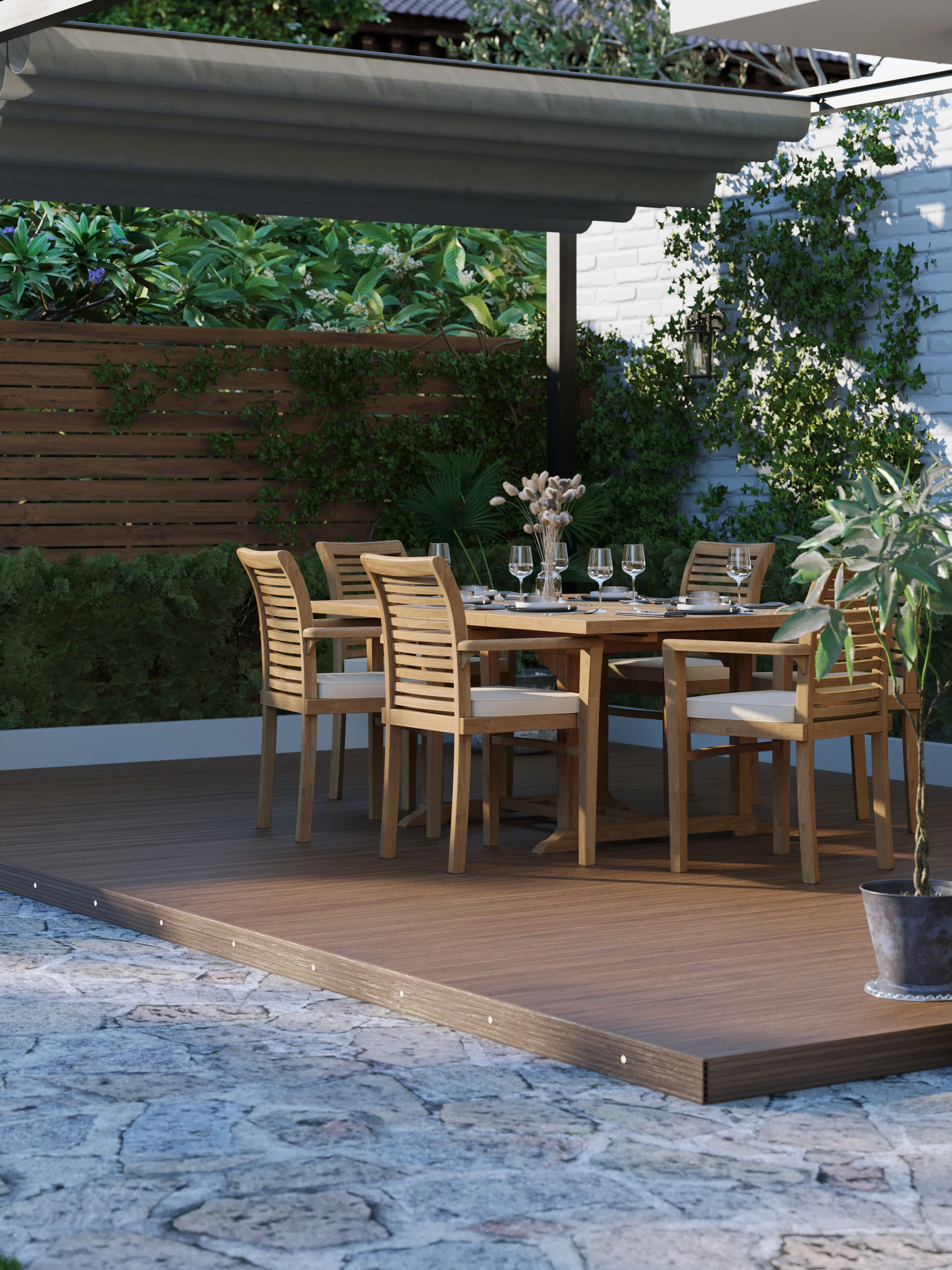 Teak Square to Rectangle 120-170cm Extending Table 4cm Top (6 Oxford Stacking Chairs) Cushions included. - Image 6