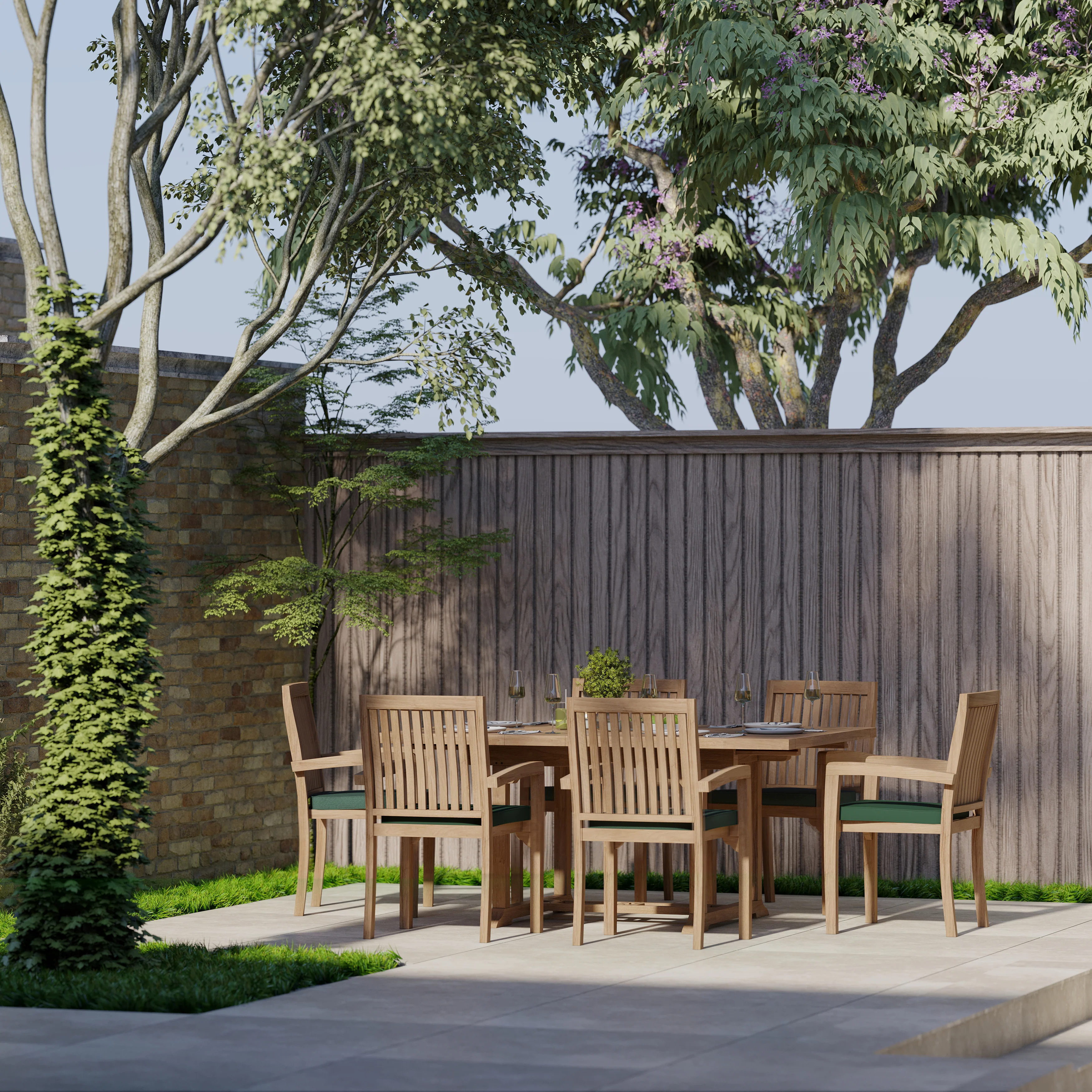 Teak Square To Rectangle 120-170cm Extending Table 4cm Top (6 Henley Stacking Chairs) Cushions included. - Image 3