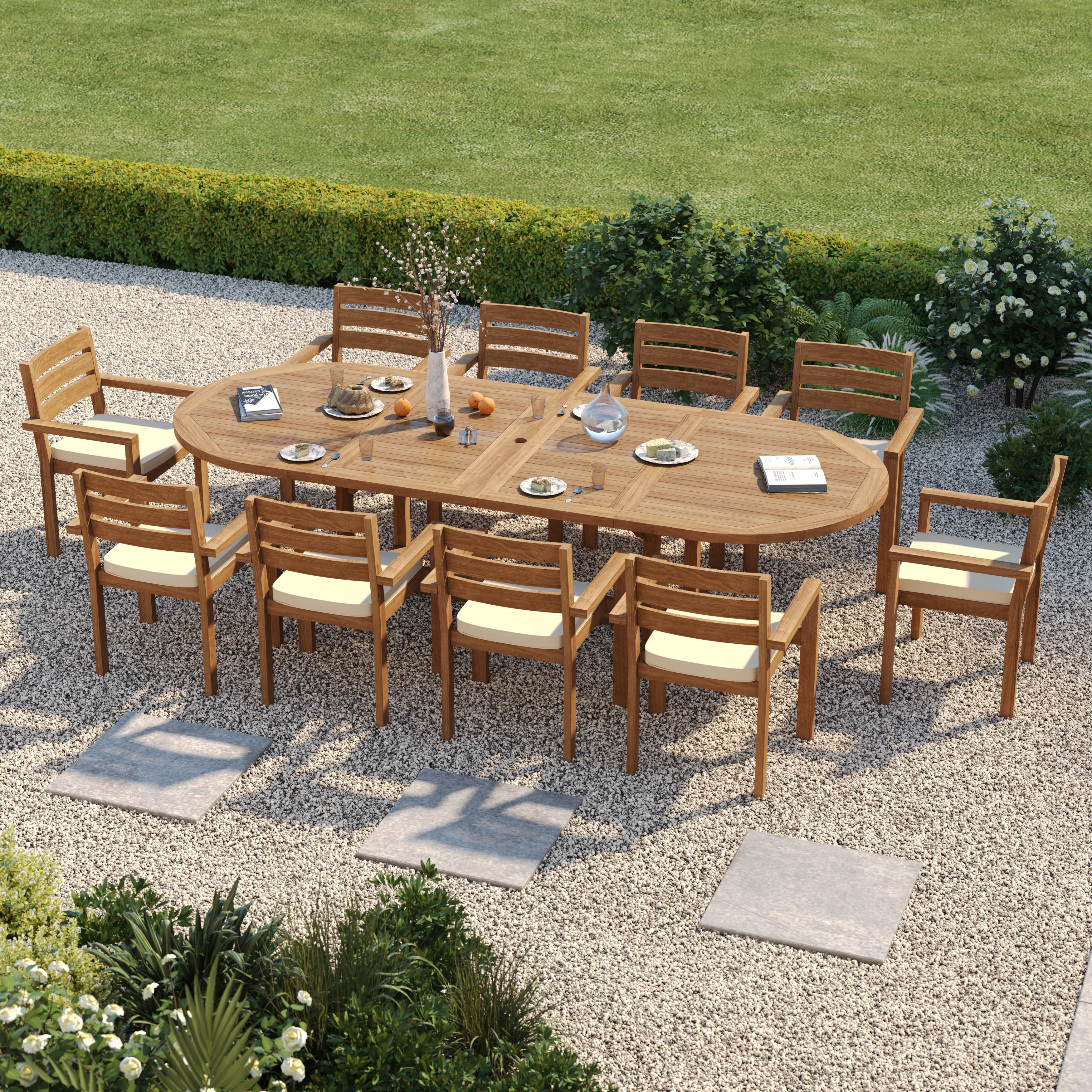 Teak Oval 2m to 3m Extending Table with 10 Marlow Stacking Chairs – Premium Teak Garden Furniture Set - Image 3
