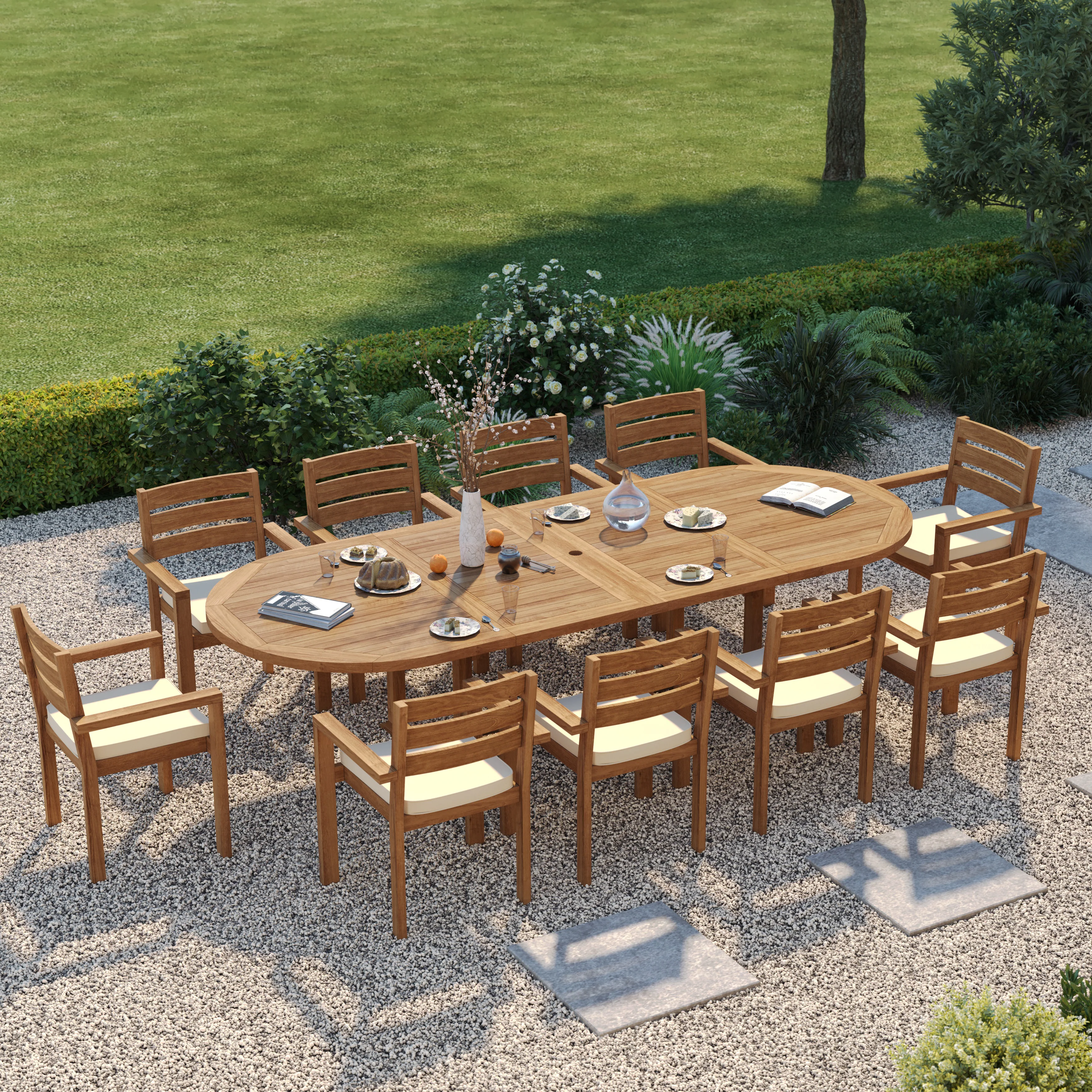 Teak Oval 2m to 3m Extending Table with 10 Marlow Stacking Chairs – Premium Teak Garden Furniture Set - Image 4