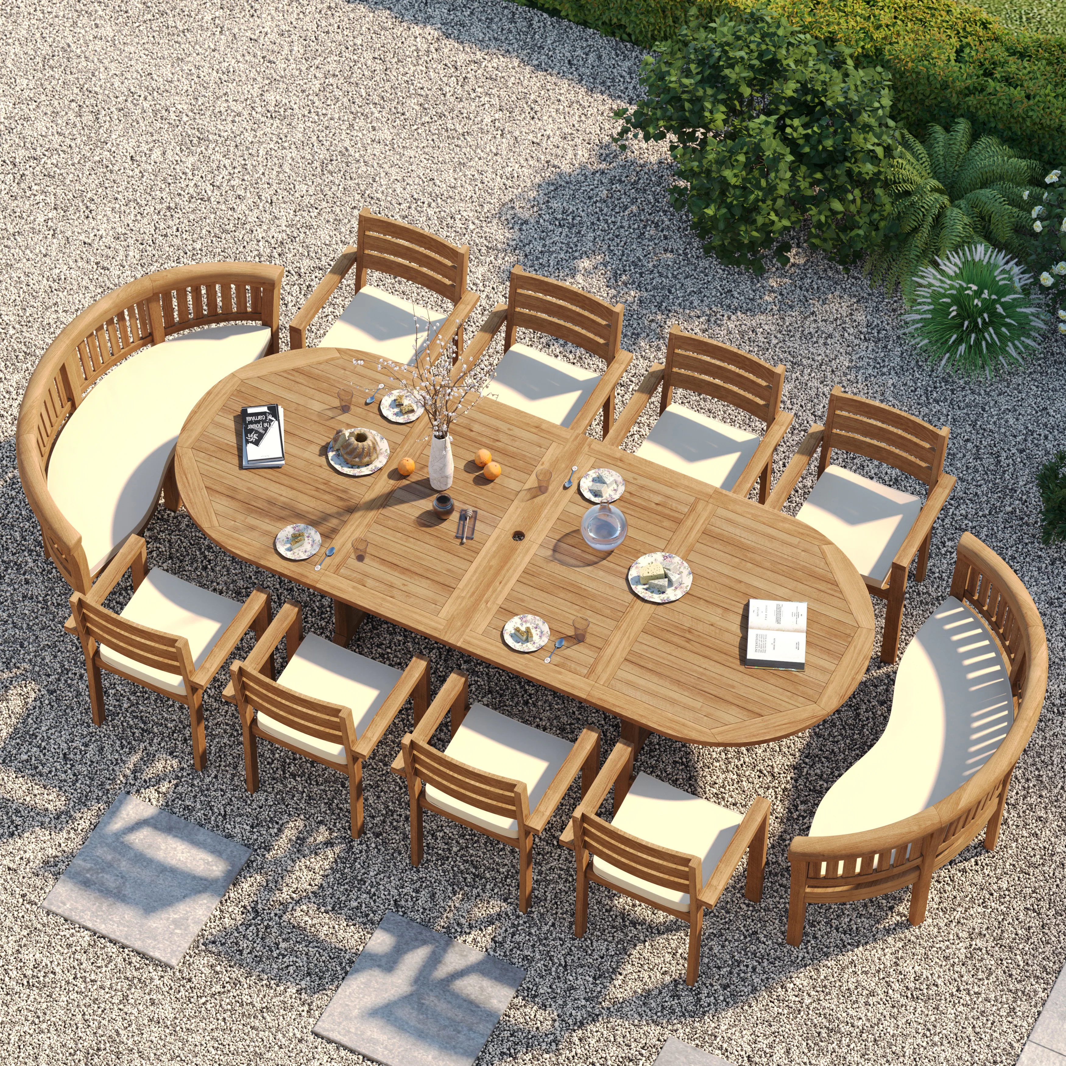 Teak Oval 2m to 3m Extending Table with 8 Marlow Stacking Chairs & 2 San Francisco Benches – Premium Teak Garden Furniture Set - Image 3