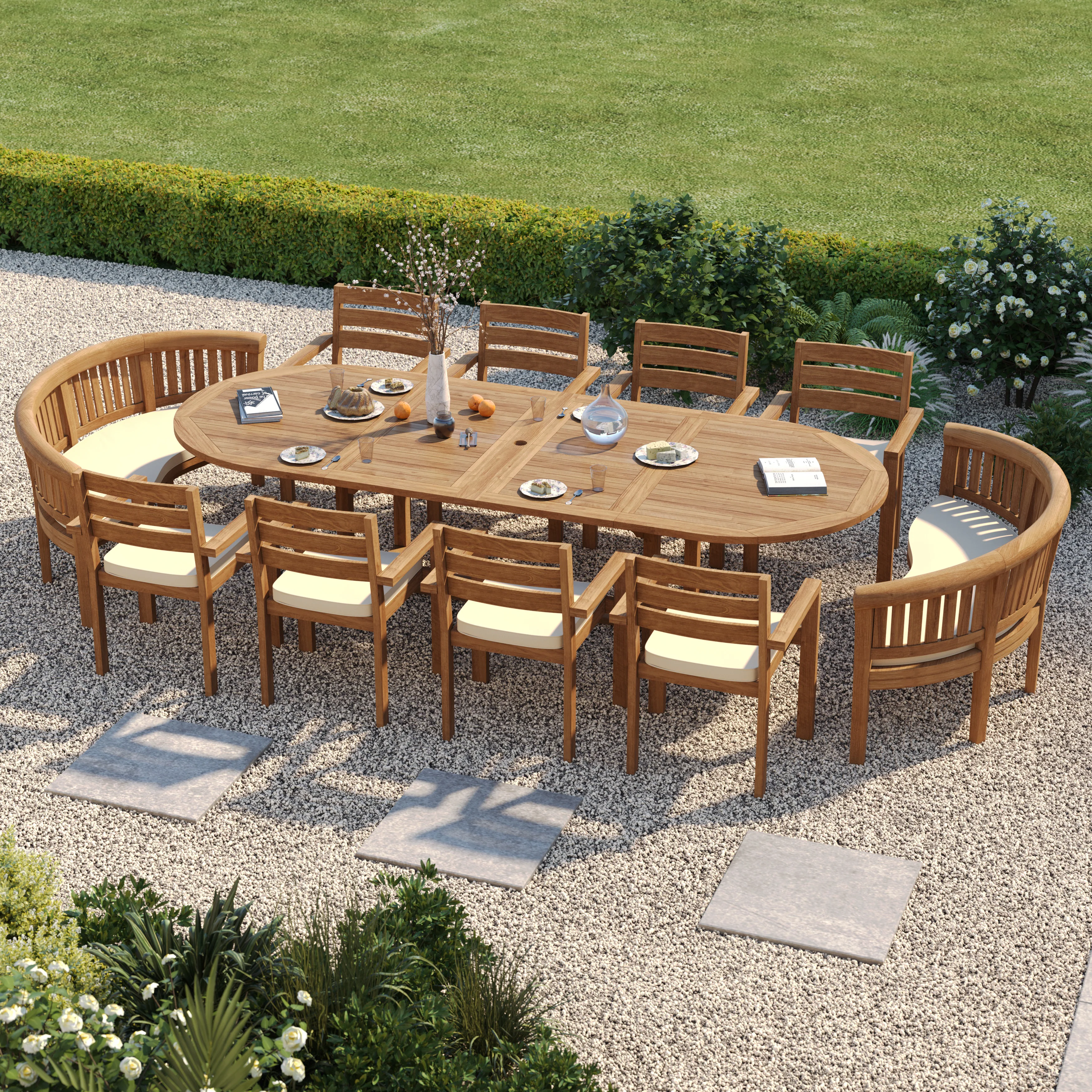 Teak Oval 2m to 3m Extending Table with 8 Marlow Stacking Chairs & 2 San Francisco Benches – Premium Teak Garden Furniture Set - Image 4