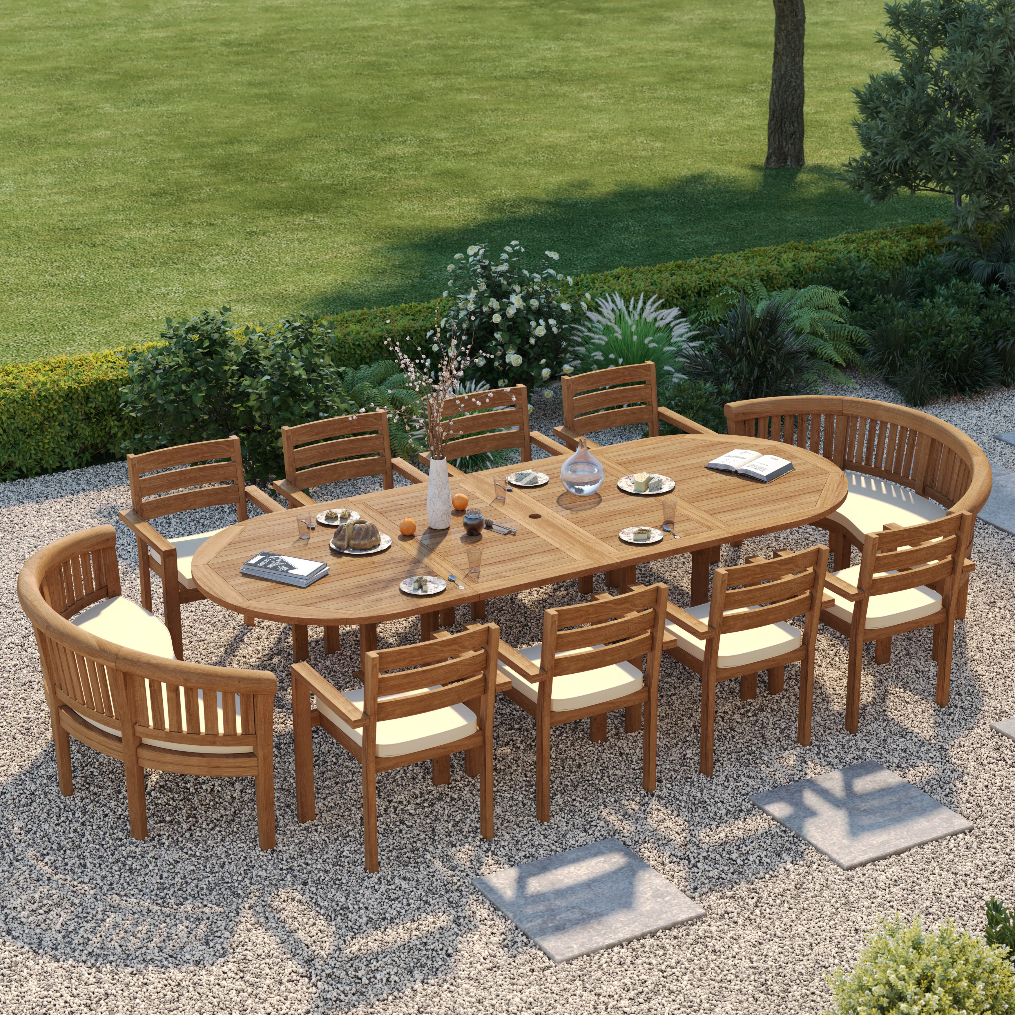 Teak Oval 2m to 3m Extending Table with 8 Marlow Stacking Chairs & 2 San Francisco Benches – Premium Teak Garden Furniture Set - Image 5