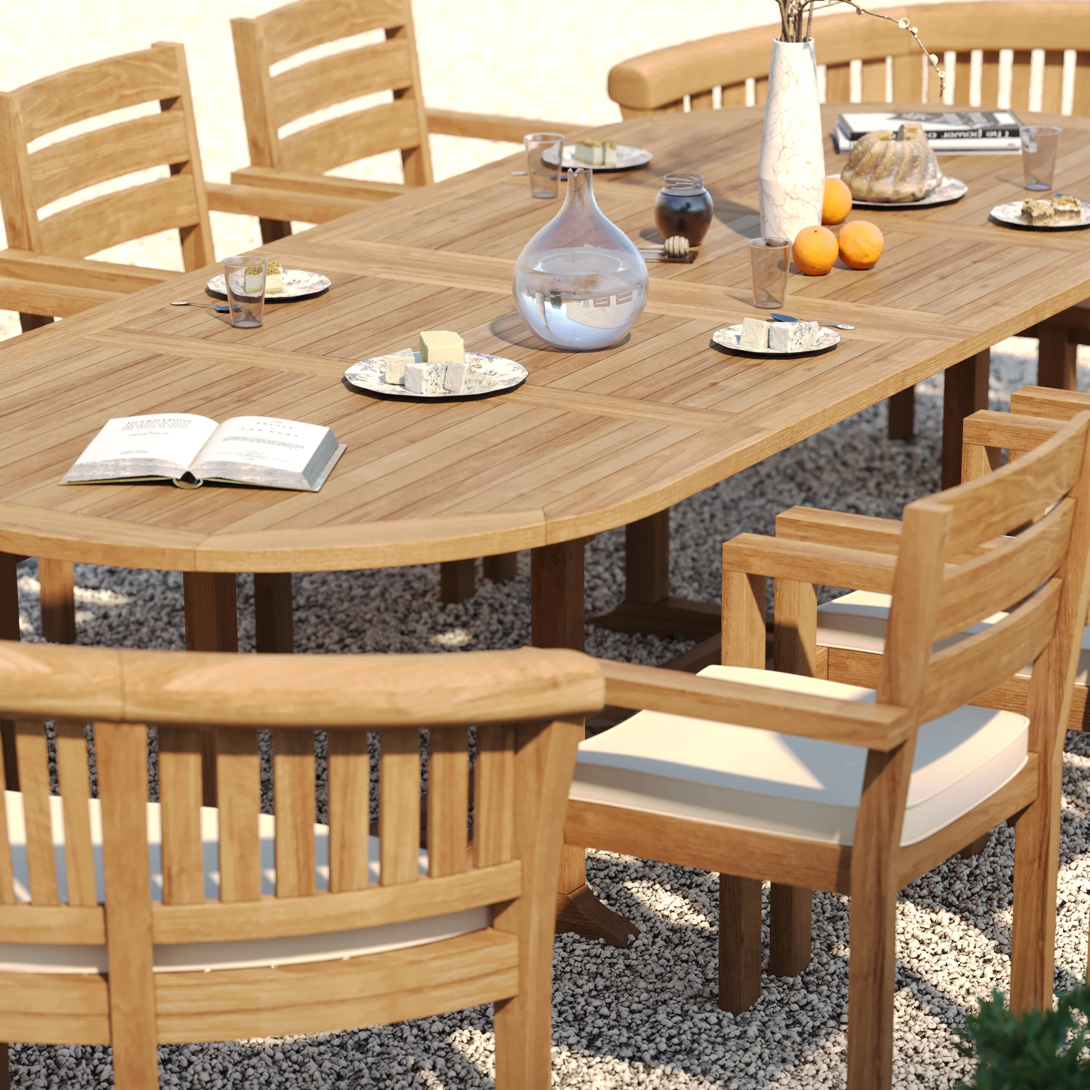 Teak Oval 2m to 3m Extending Table with 8 Marlow Stacking Chairs & 2 San Francisco Benches – Premium Teak Garden Furniture Set - Image 6