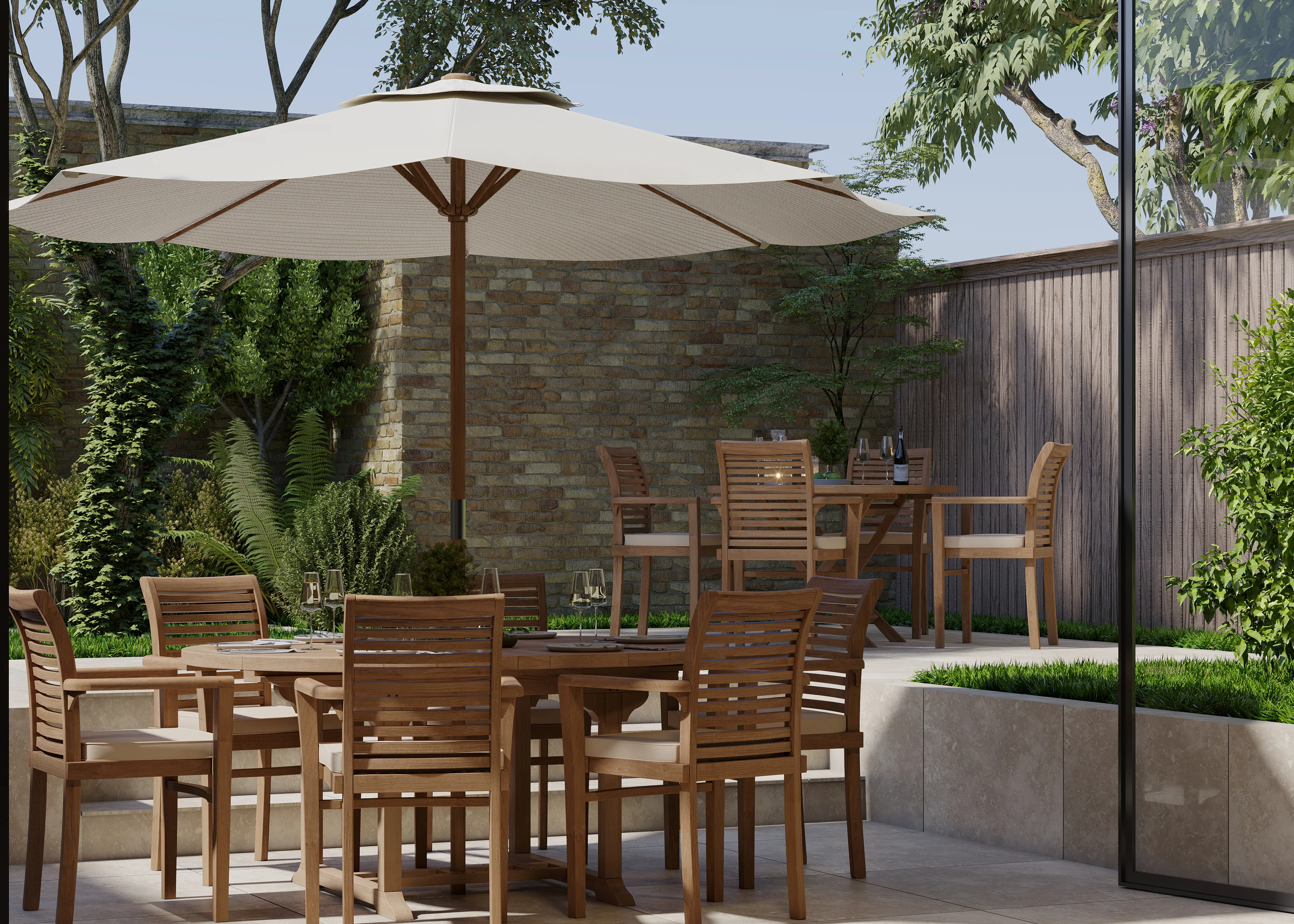 Teak Round to Oval 120-170cm Extending Table, 4cm Top (6 Oxford Stacking Chairs) cushions included. - Image 3