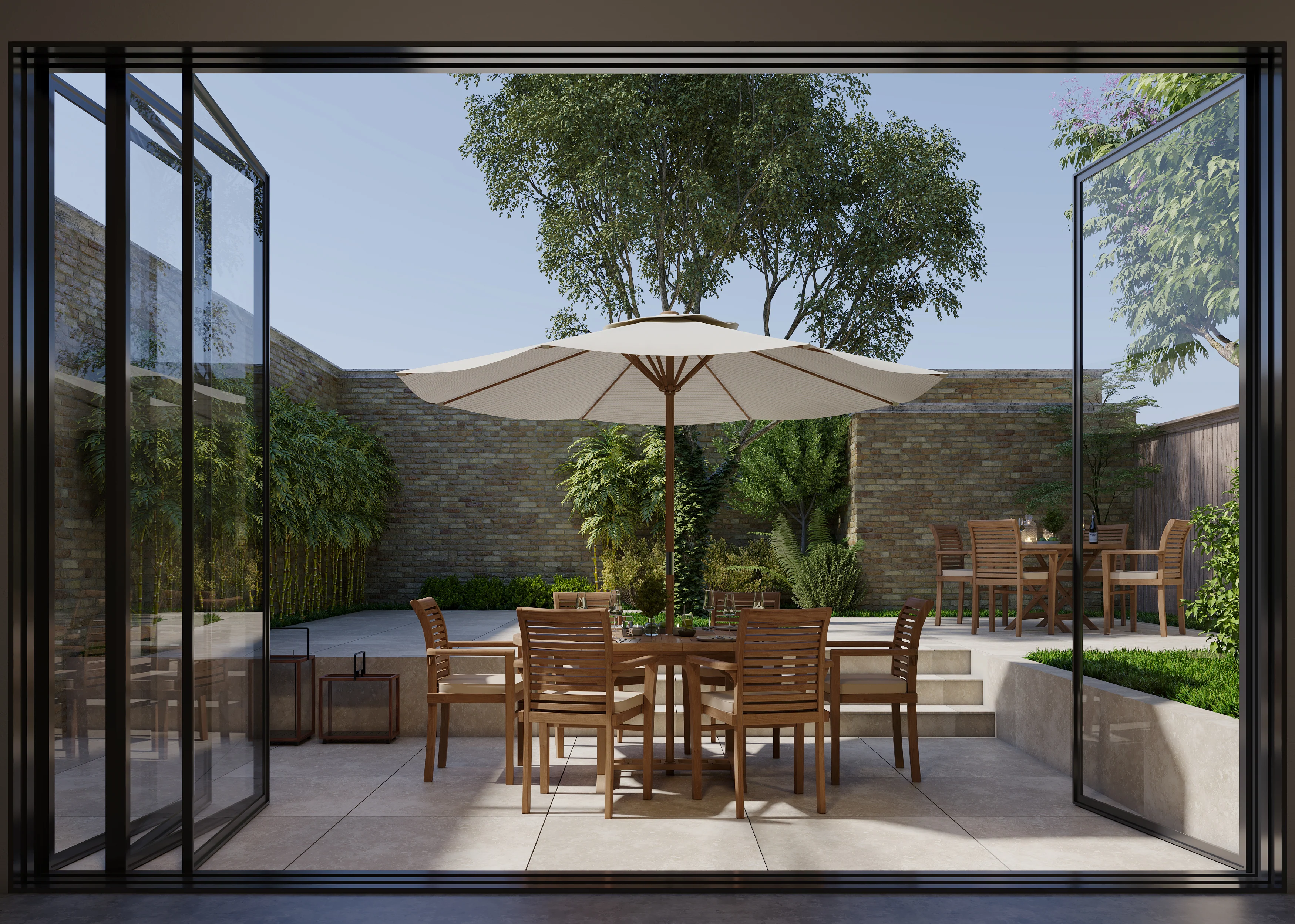 Teak Round to Oval 120-170cm Extending Table, 4cm Top (6 Oxford Stacking Chairs) cushions included. - Image 4