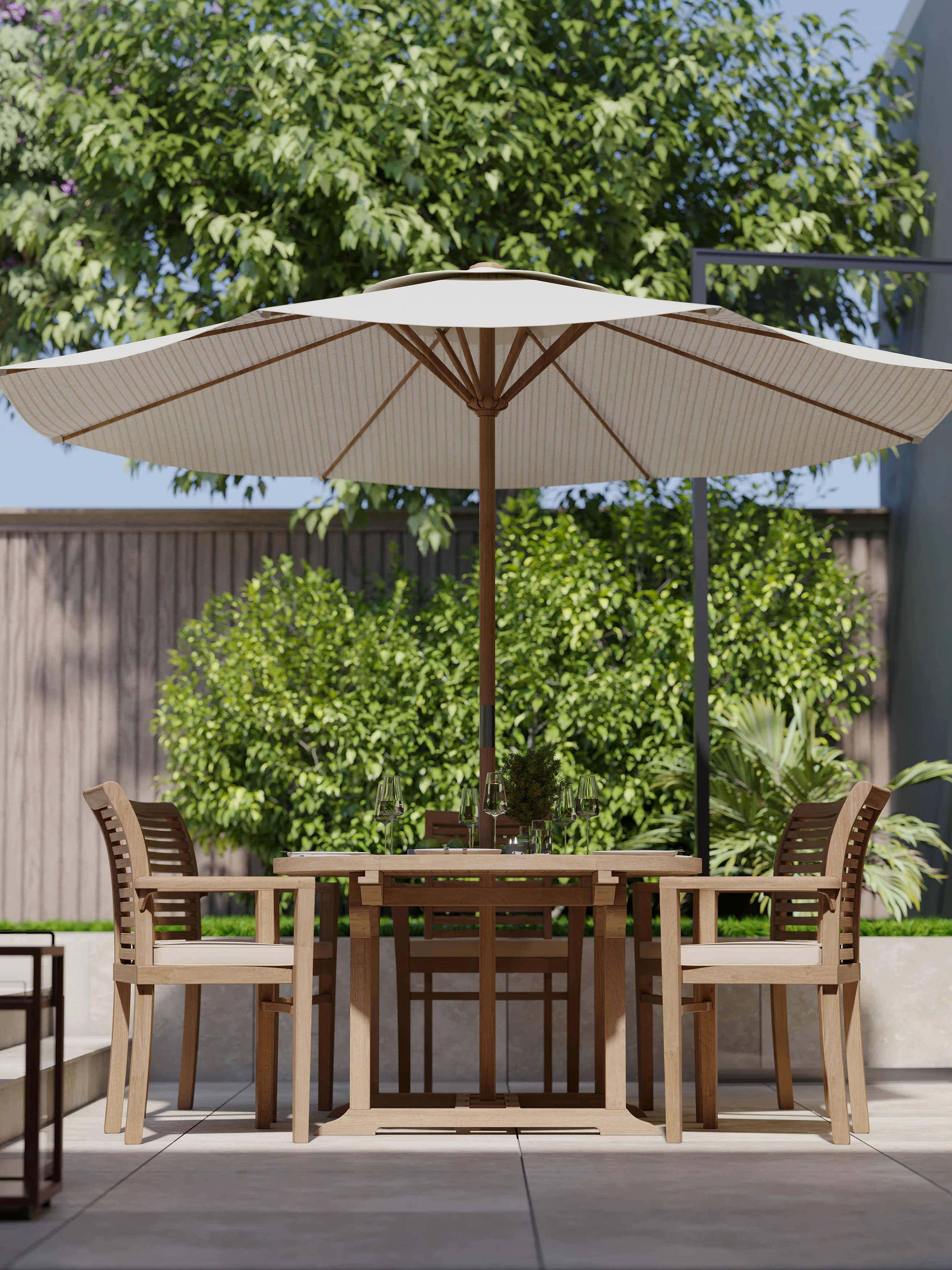 Teak Round to Oval 120-170cm Extending Table, 4cm Top (6 Oxford Stacking Chairs) cushions included. - Image 5