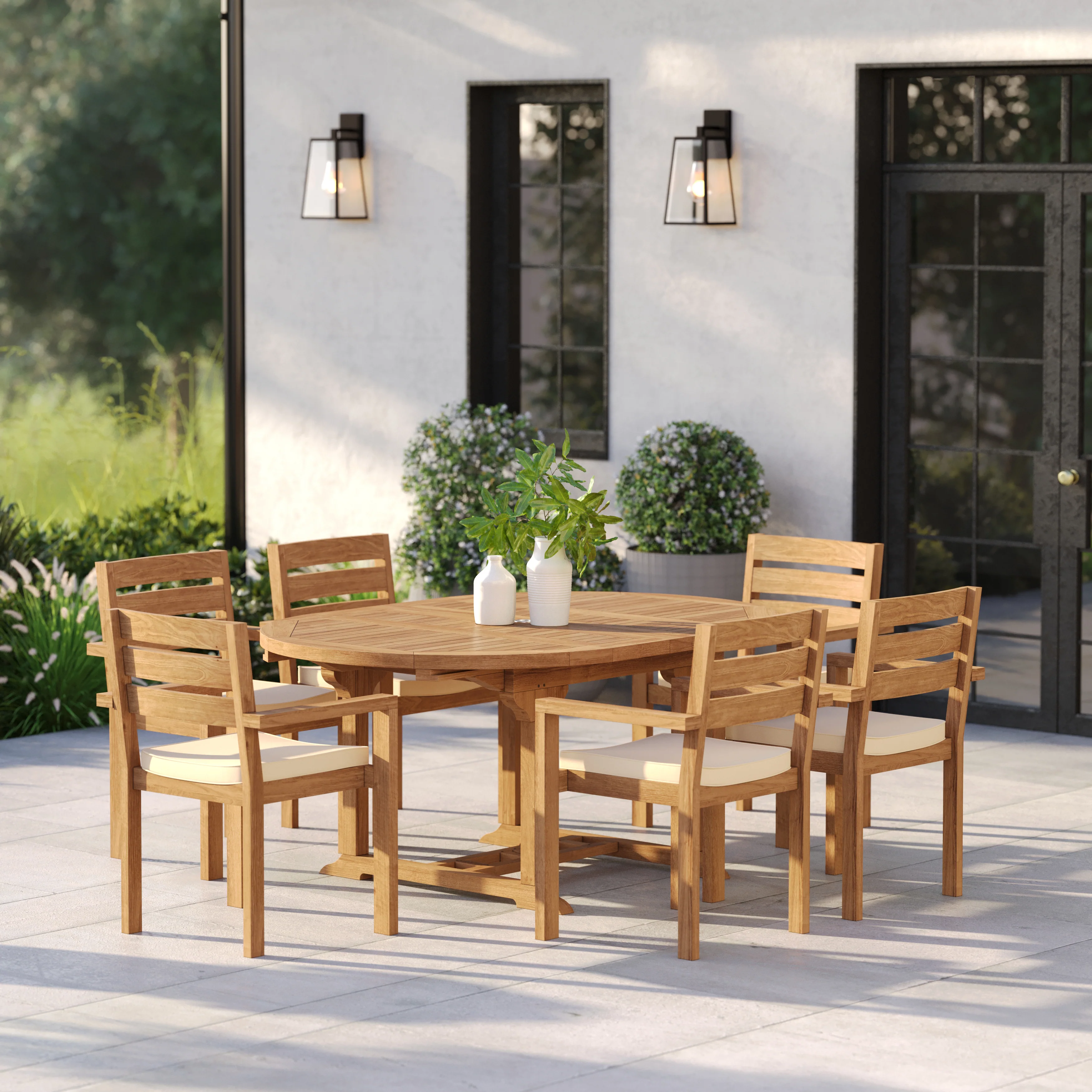Teak Round-to-Oval 120–170cm Extending Table with 6 Marlow Stacking Chairs – Contemporary Teak Garden Dining Set - Image 3