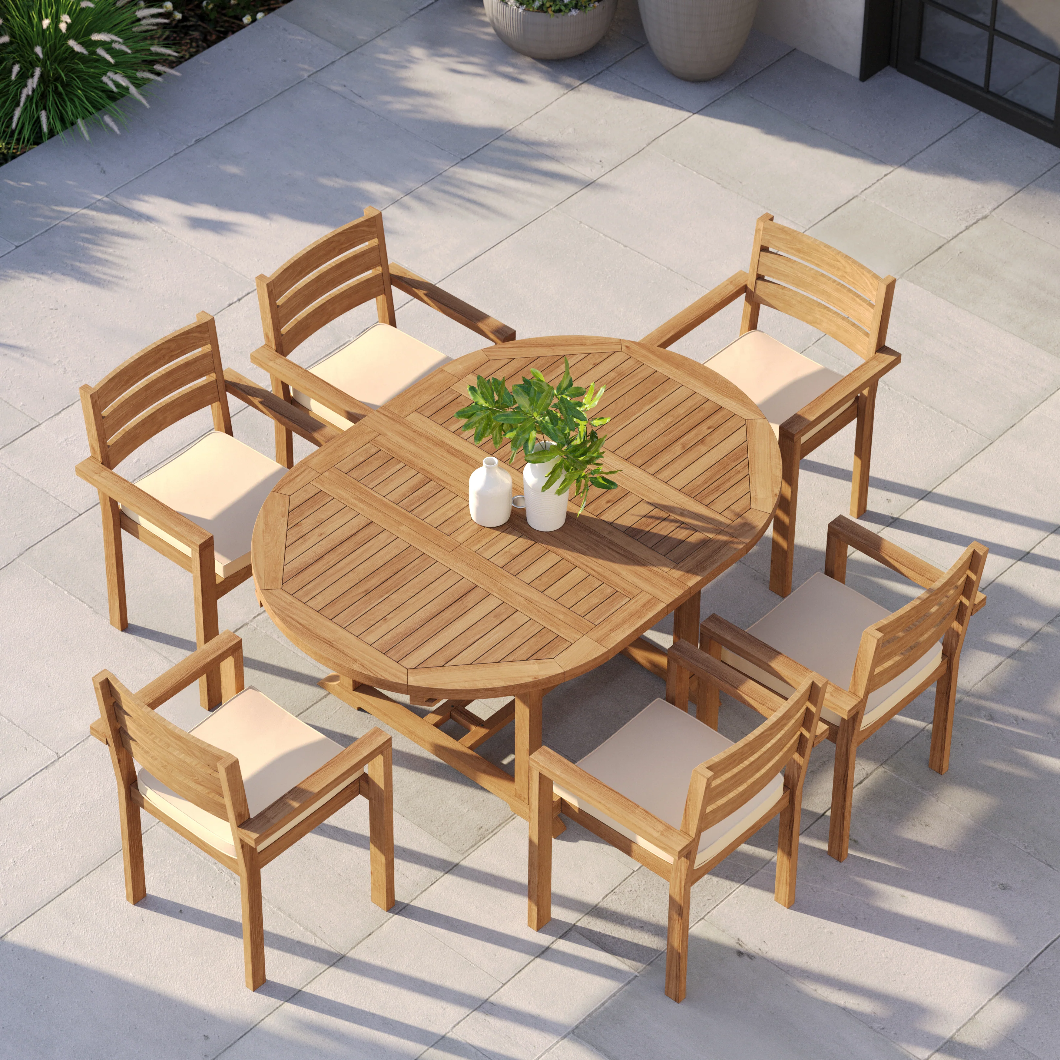 Teak Round-to-Oval 120–170cm Extending Table with 6 Marlow Stacking Chairs – Contemporary Teak Garden Dining Set - Image 4