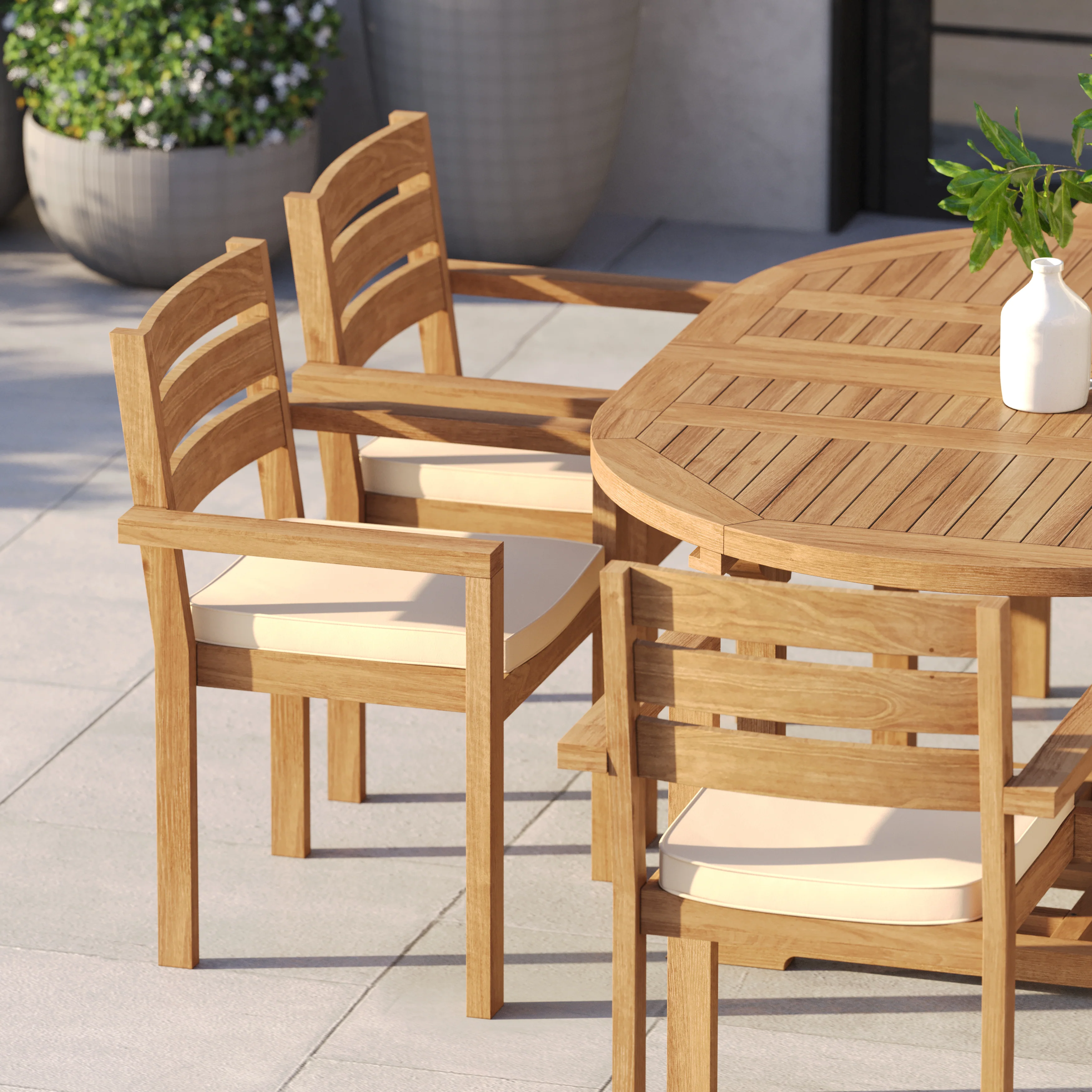 Teak Round-to-Oval 120–170cm Extending Table with 6 Marlow Stacking Chairs – Contemporary Teak Garden Dining Set - Image 5