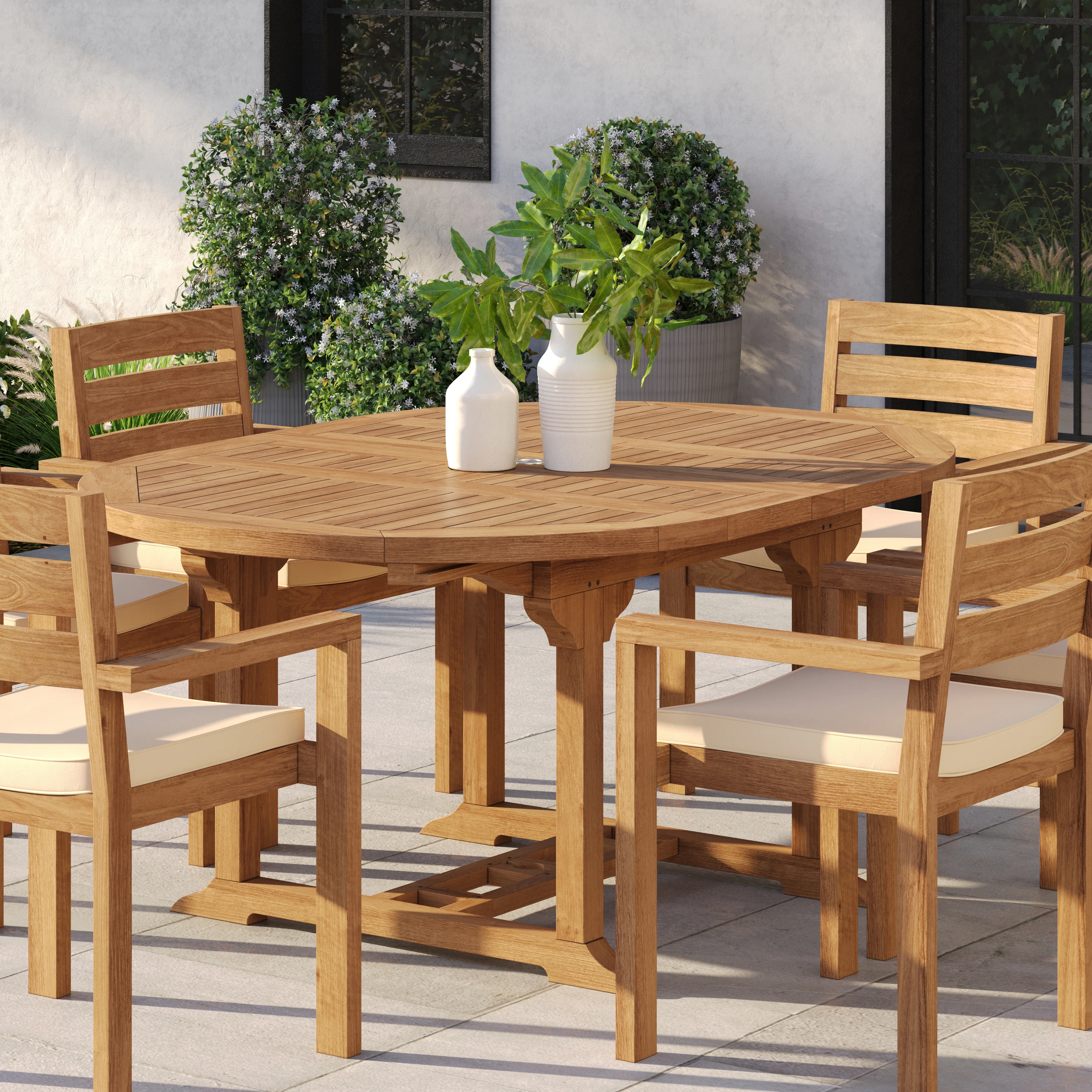 Teak Round-to-Oval 120–170cm Extending Table with 6 Marlow Stacking Chairs – Contemporary Teak Garden Dining Set - Image 6