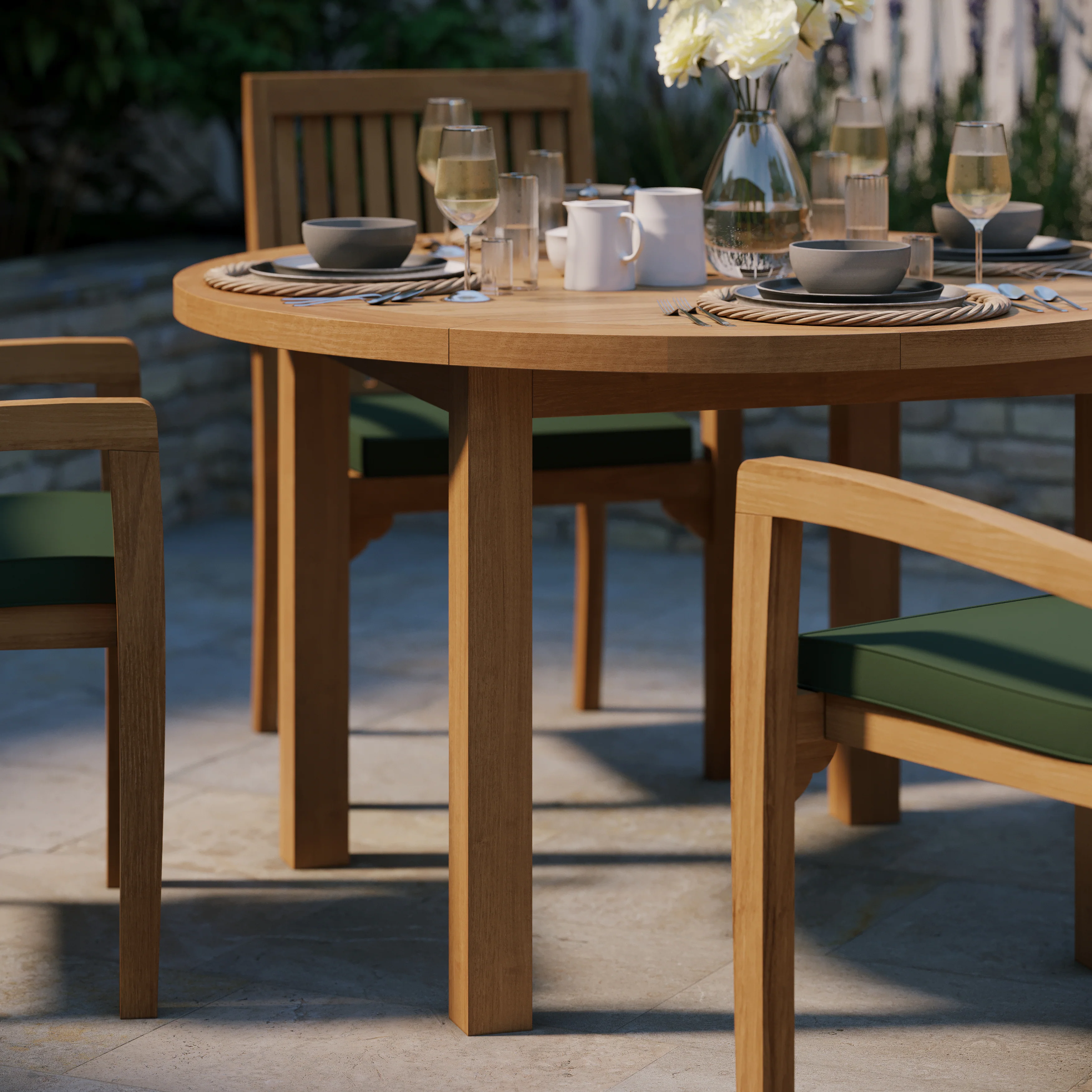 Teak Set 120cm Maximus Round Fixed Table, 4cm Top (4 x Henley Stacking Chairs) Cushions included. - Image 3