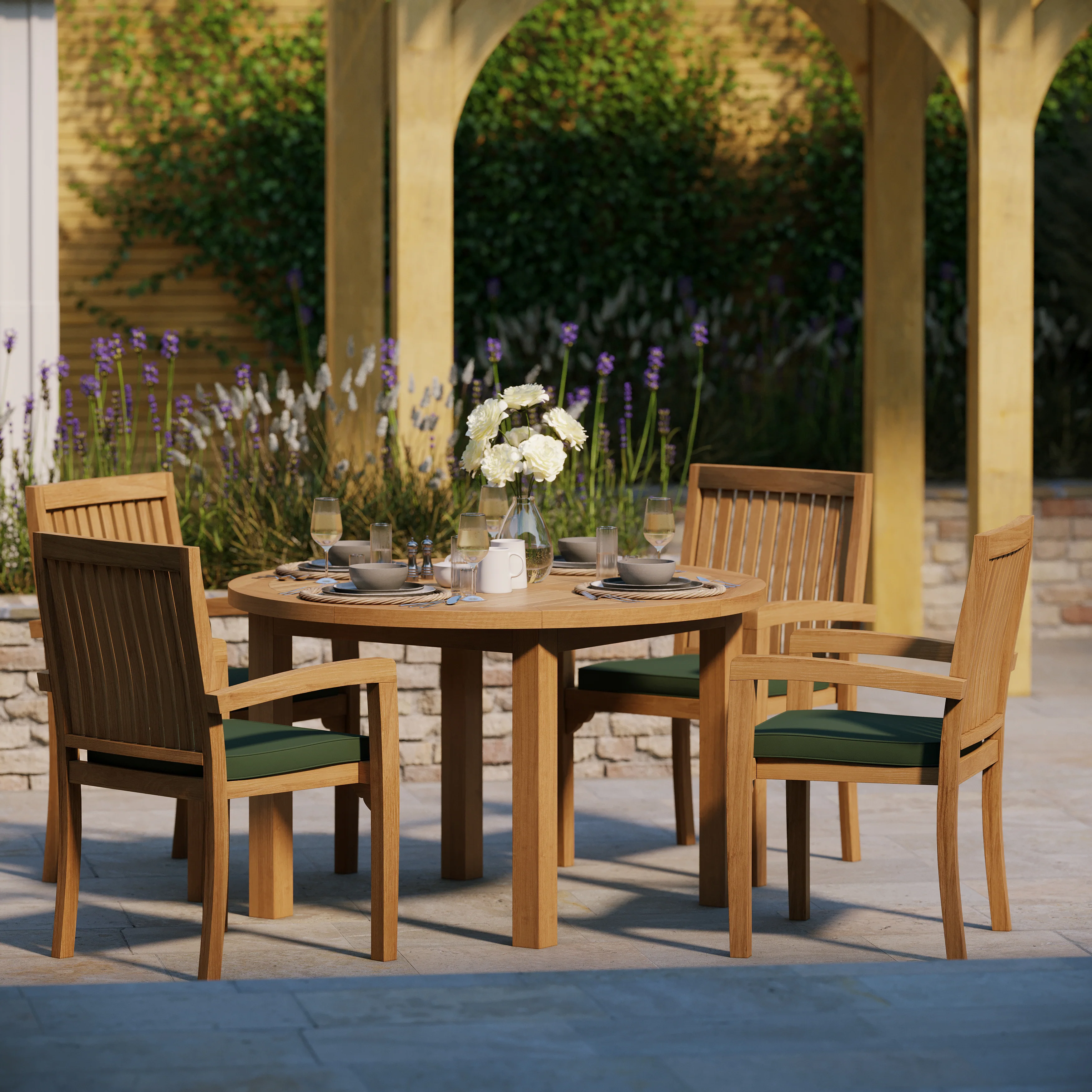Teak Set 120cm Maximus Round Fixed Table, 4cm Top (4 x Henley Stacking Chairs) Cushions included. - Image 4