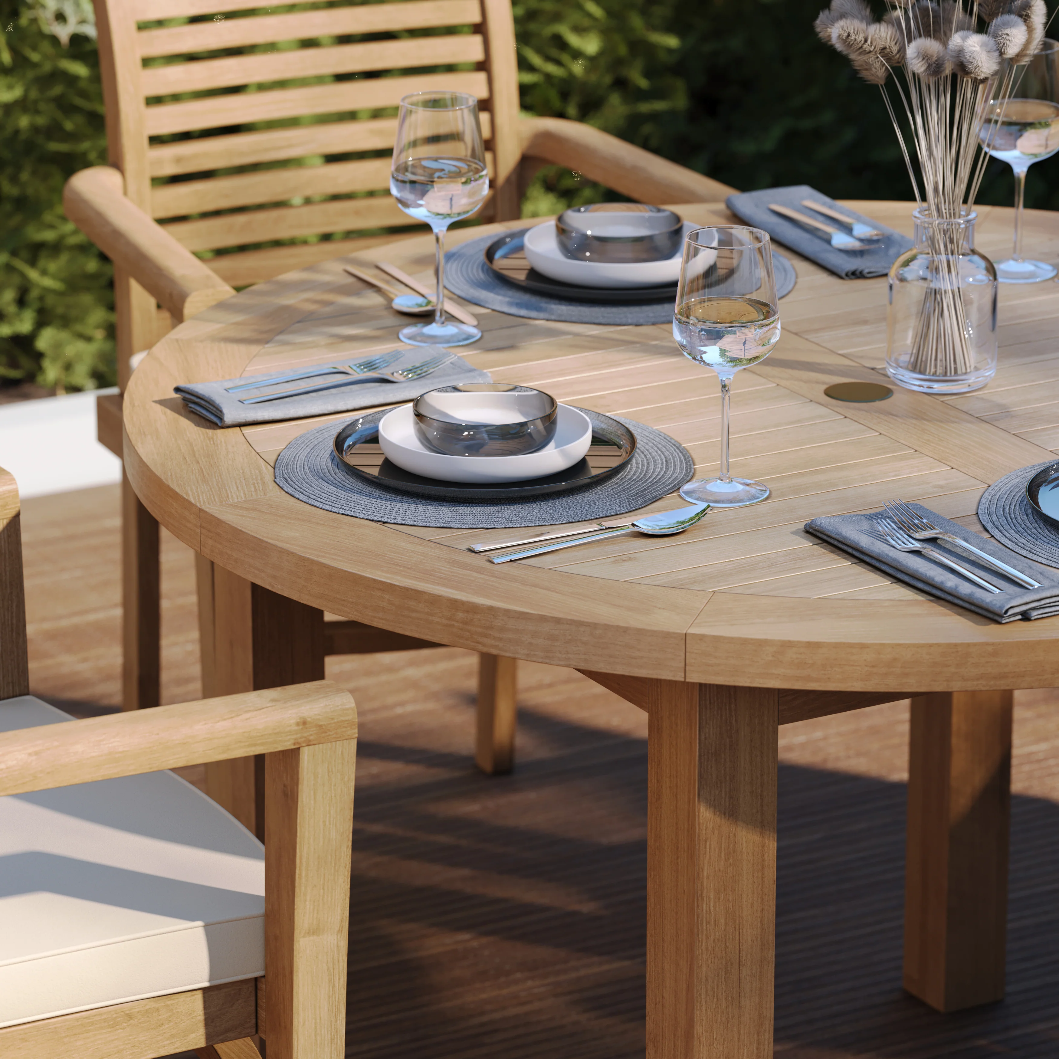 Teak Set 120cm Maximus Round Fixed Table, 4cm Top (4 x Oxford Stacking Chairs) Cushions included. - Image 3