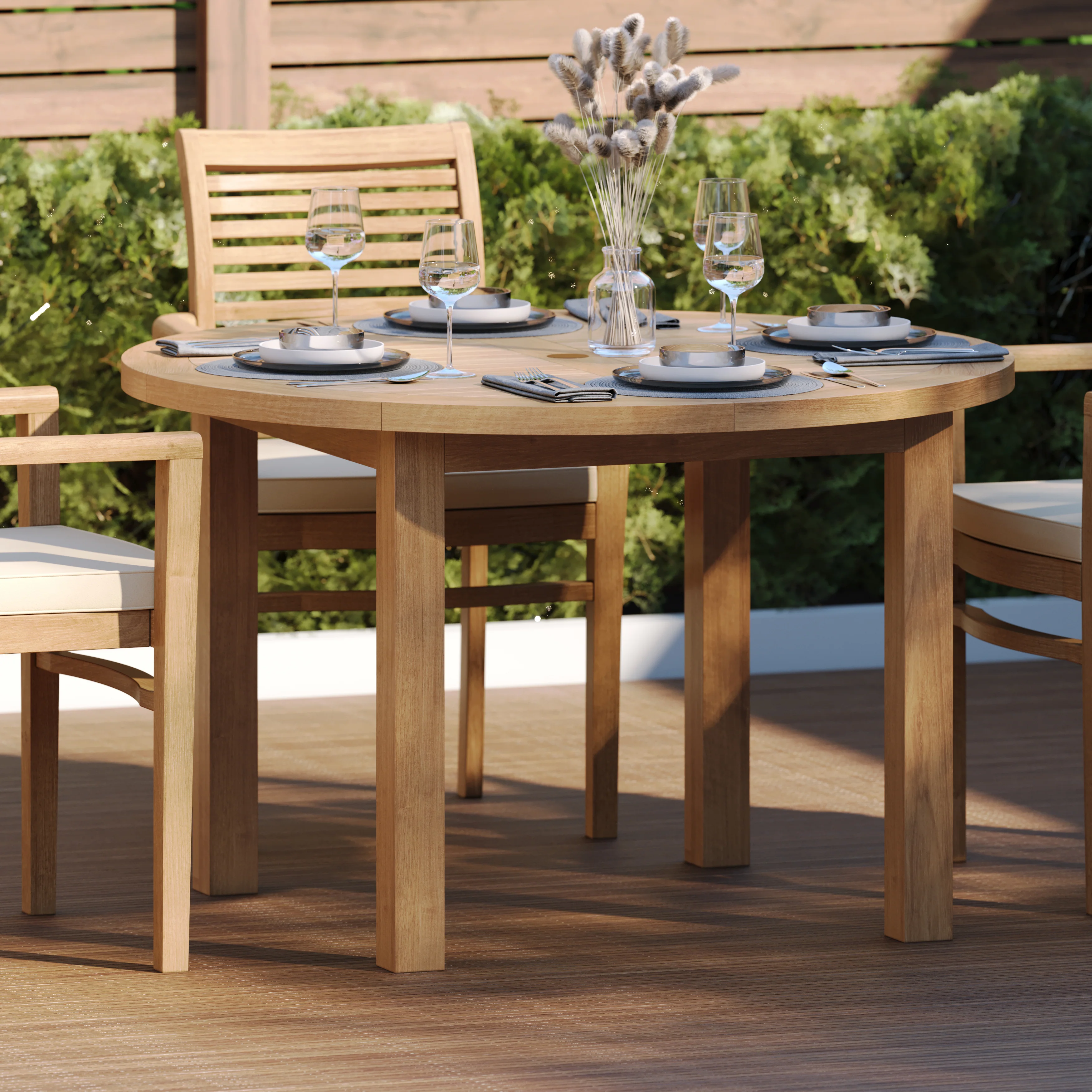 Teak Set 120cm Maximus Round Fixed Table, 4cm Top (4 x Oxford Stacking Chairs) Cushions included. - Image 4