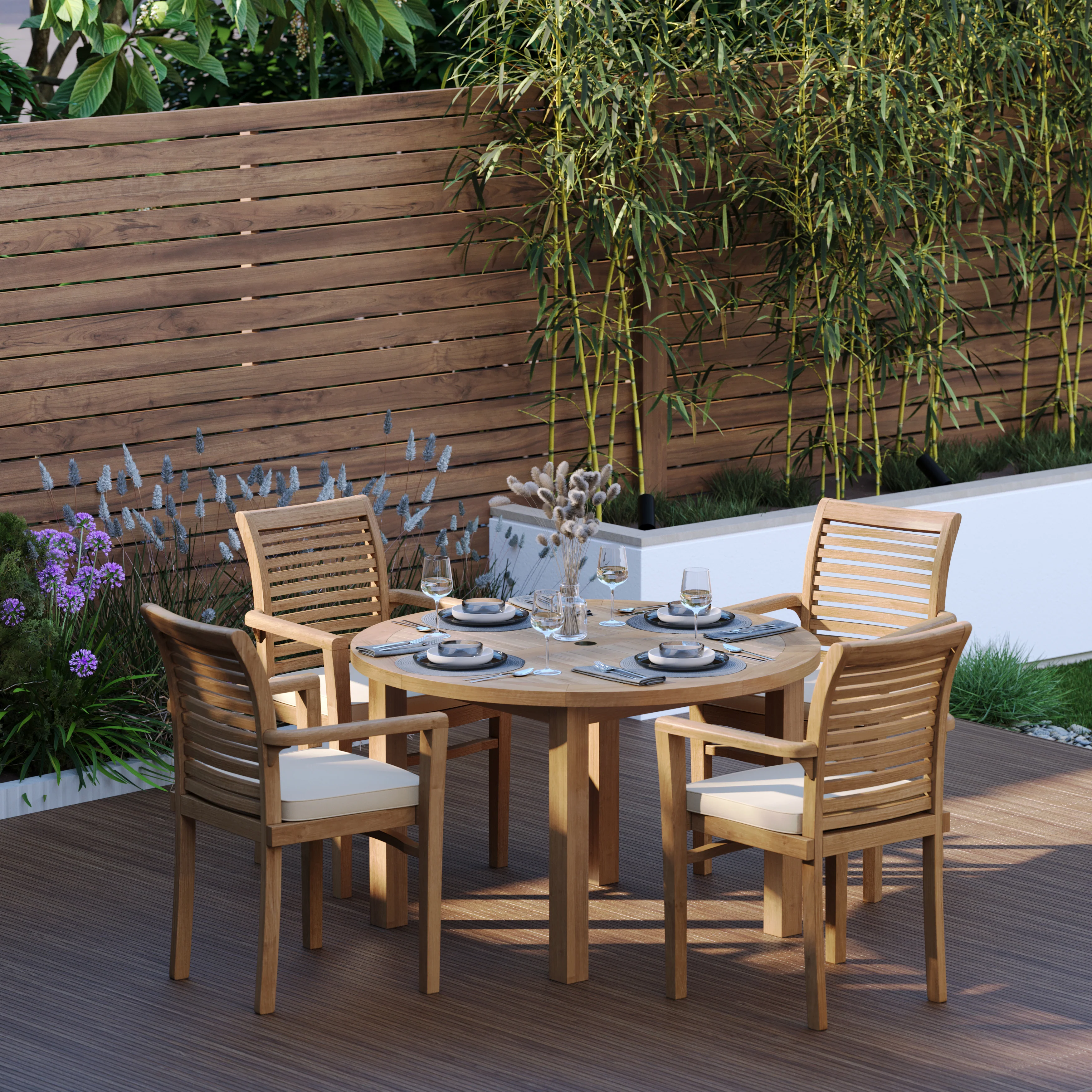 Teak Set 120cm Maximus Round Fixed Table, 4cm Top (4 x Oxford Stacking Chairs) Cushions included. - Image 5
